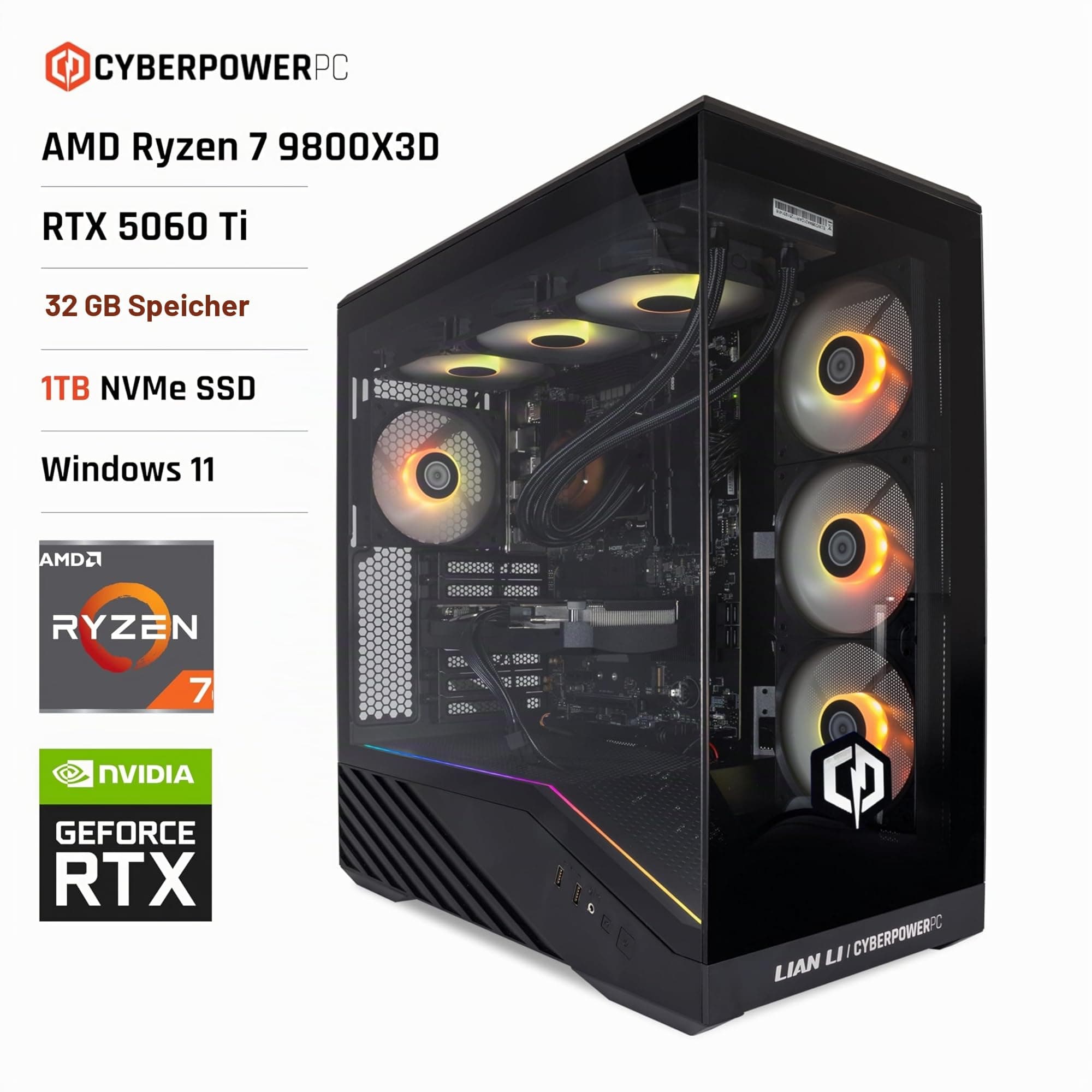 CYBERPOWERPC Luxe Gaming PC - AMD Ryzen 7 9800X3D, Nvidia RTX 5060 Ti, 32GB RAM, 1TB NVMe SSD, 650W PSU, Windows 11, Liquid Cooling, V100R AMD Ryzen 7 9800X3D Nvidia RTX 5060 Ti Bild 2