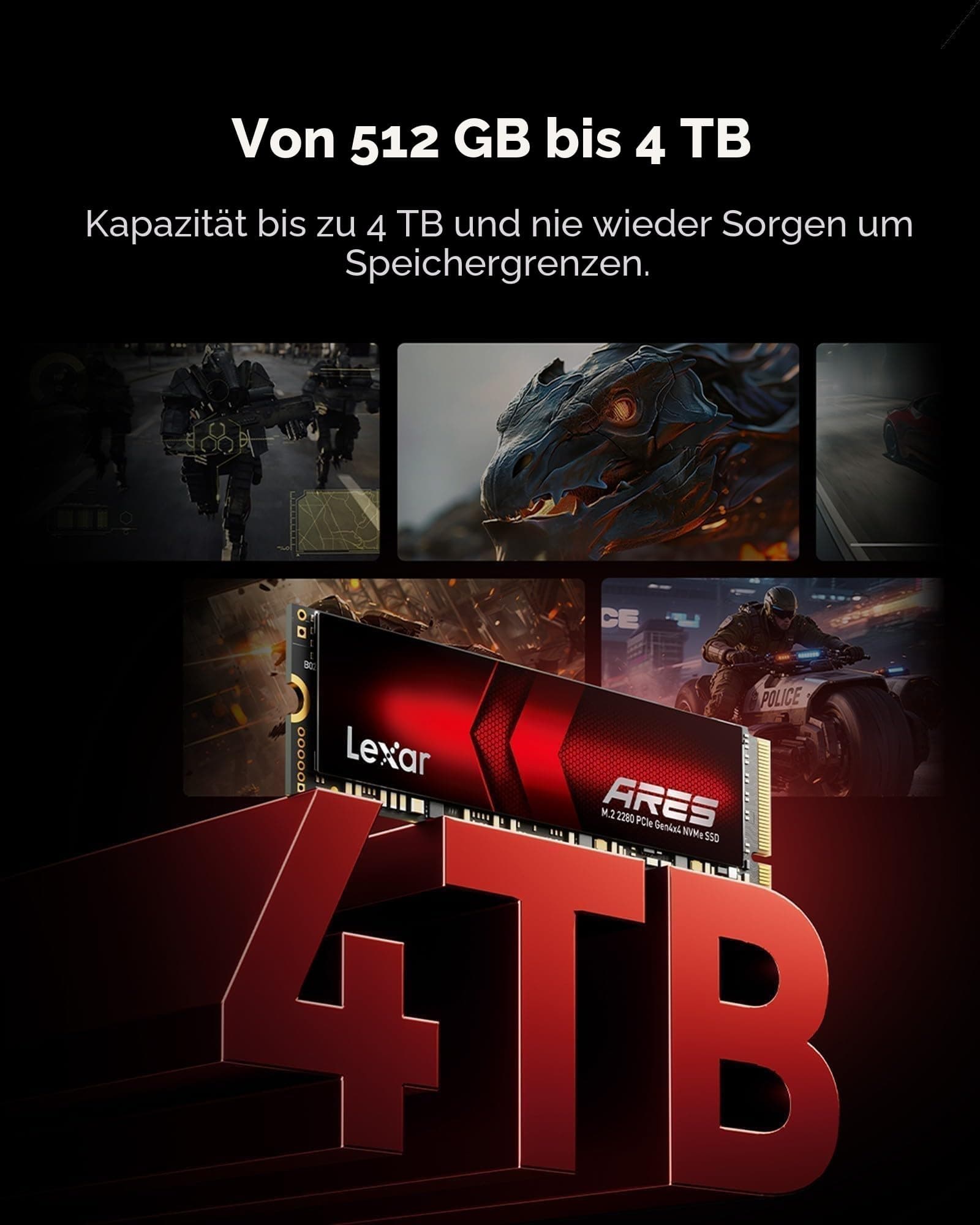 Lexar ARES 1TB SSD, M.2 2280 PCIe Gen4x4 1.4 interne NVMe-SSD. Bis 7.400 MB/s Lesen & 6.500 MB/s Schreiben. Für PS5, PC, Laptop, Gamer, Gestalter, Fachkräfte. Bild 7