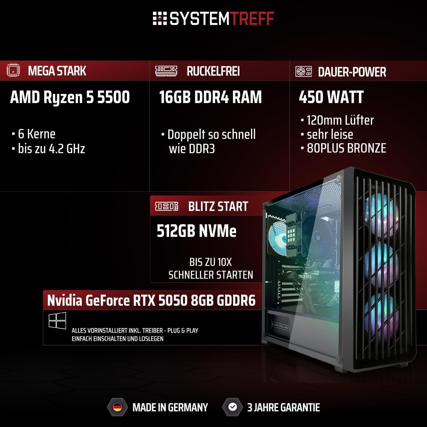 SYSTEMTREFF Gaming PC AMD Ryzen 5 5500 6x4.2GHz | Nvidia RTX 5050 8GB DX12 | 512GB M.2 NVMe | 16GB DDR4 RAM | WLAN Desktop Computer Rechner für Gamer, Zocker & Streamer Bild 2