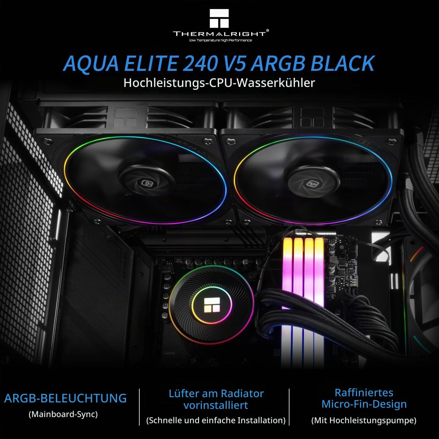 Thermalright Aqua Elite 240 V5 ARGB Black CPU-Flüssigkeitskühler, 240 mm Kühlkörpergröße, 2x TL-S12 PWM Lüfter, für AM4/AM5, Intel LGA115X/1200/1700/1851, AIO CPU-Kühler Bild 3