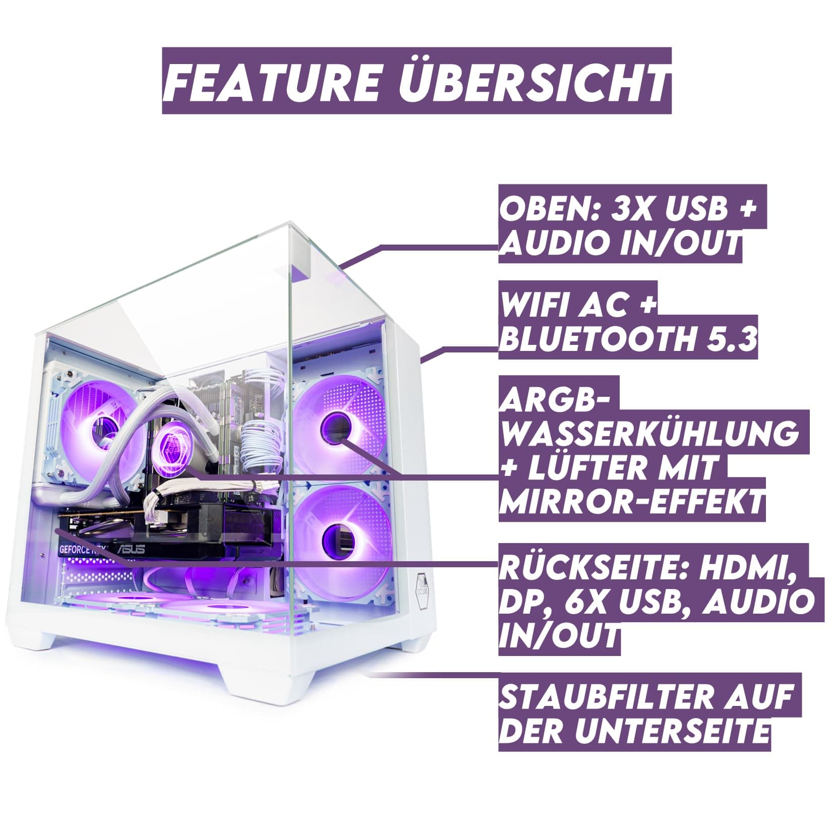 Gaming PC Venom White Wasserkühlung, RGB, bis 128GB RAM, GTX 1660S/ RTX 3050/ RTX 5060, bis 2TB SSD, Intel E5, WiFi, BT (1. Grafikkarte: NVIDIA GTX 1660 SUPER, 64GB RAM | 500GB SSD) 64GB RAM | 500GB SSD 1. Grafikkarte: AMD RX 590 8GB Bild 4
