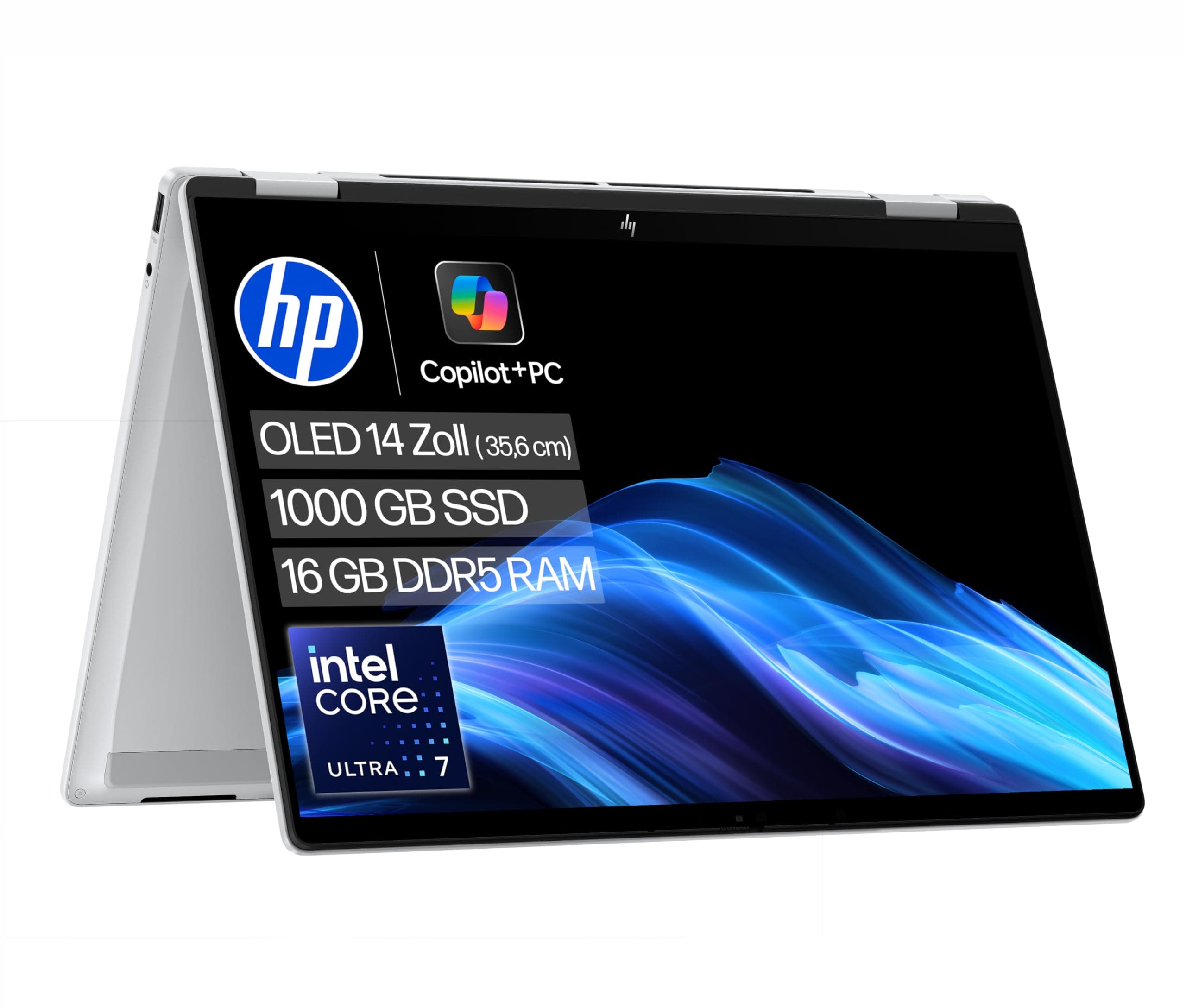 HP OmniBook X Flip 2-in-1 Laptop (14 Zoll 3K OLED Touchscreen, Intel Core Ultra 7, Copilot+ PC, 16GB RAM, 1TB, Win11, QWERTZ) - Silberr Intel Core Ultra 7 256V Intel Arc 140V GPU