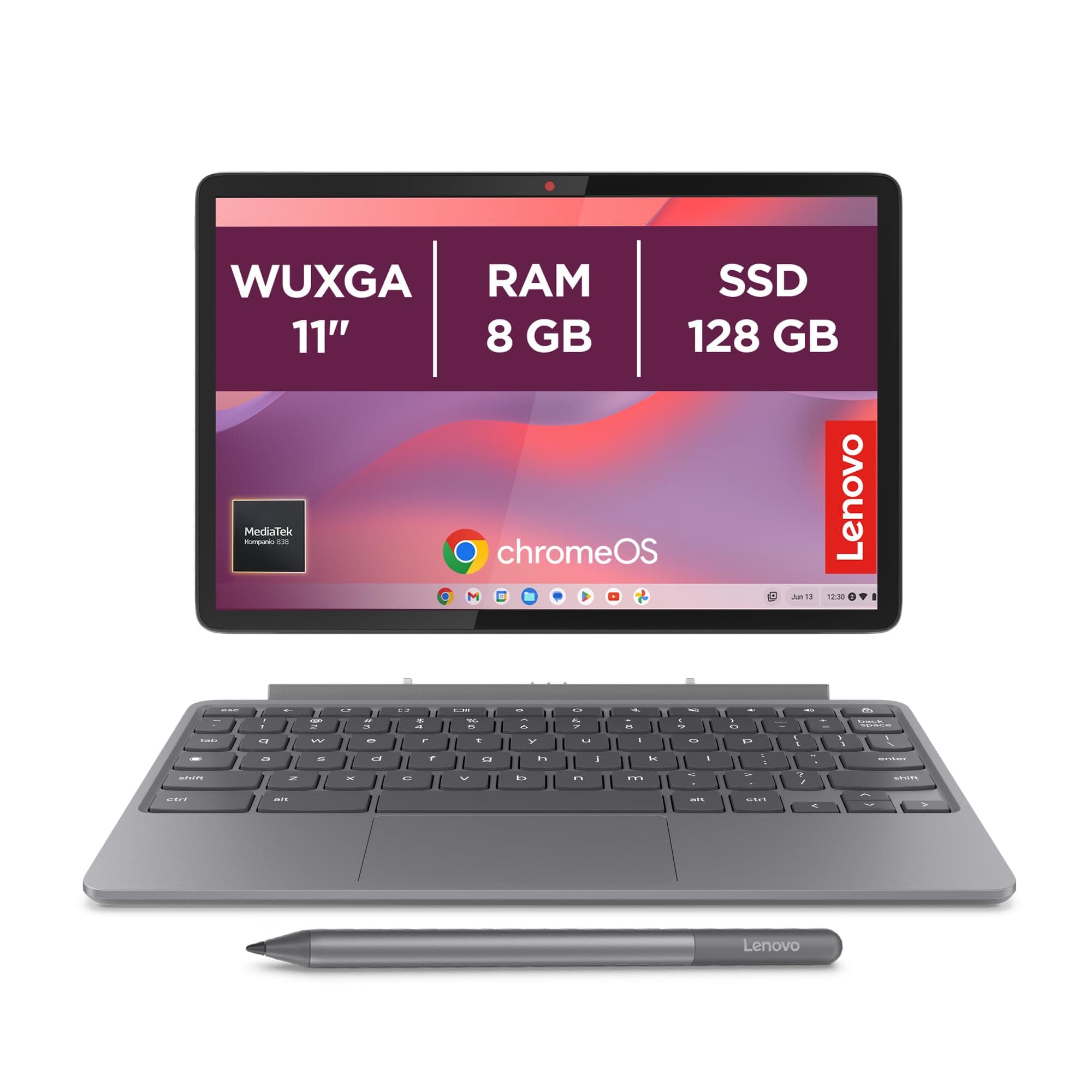 Lenovo Chromebook Duet 11 Gen 9 Laptop, 27,9 cm (11 Zoll), WUXGA, Touchscreen + Stift enthalten (MediaTek Kompanio 838, 8 GB RAM, 128 GB Emmc, ChromeOS) Grau QWERTY + 3 Monate Google AI Pro mit Gemini
