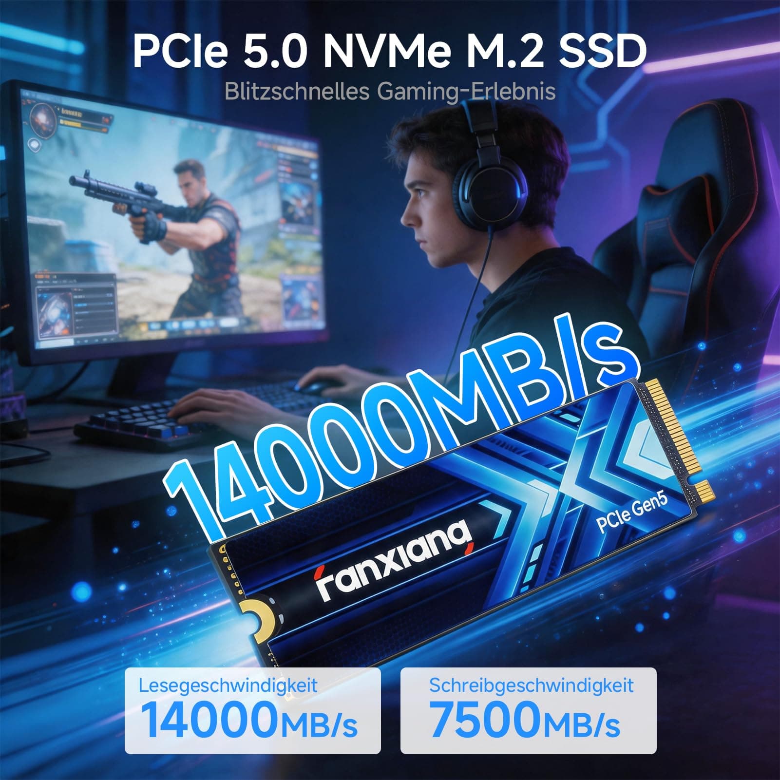fanxiang S910 1TB PCIe 5.0 x4 NVMe M.2 SSD, Lesegeschwindigkeiten von bis zu 14.000 MB/s, 7.500 MB/s Schreiben, Interne SSD, PCIe 4.0 abwärtskompatibel, SSD für Gaming, Videobearbeitung und AI Bild 3