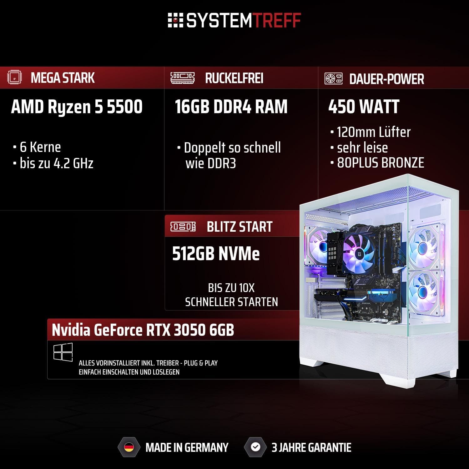 SYSTEMTREFF Basic Gaming PC weiß AMD Ryzen 5 5500 6x4.2GHz | Nvidia RTX 3050 6GB DX12 | 512GB M.2 NVMe | 16GB DDR4 RAM | WLAN Desktop Computer Rechner für Gamer, Zocker & Streamer Bild 2