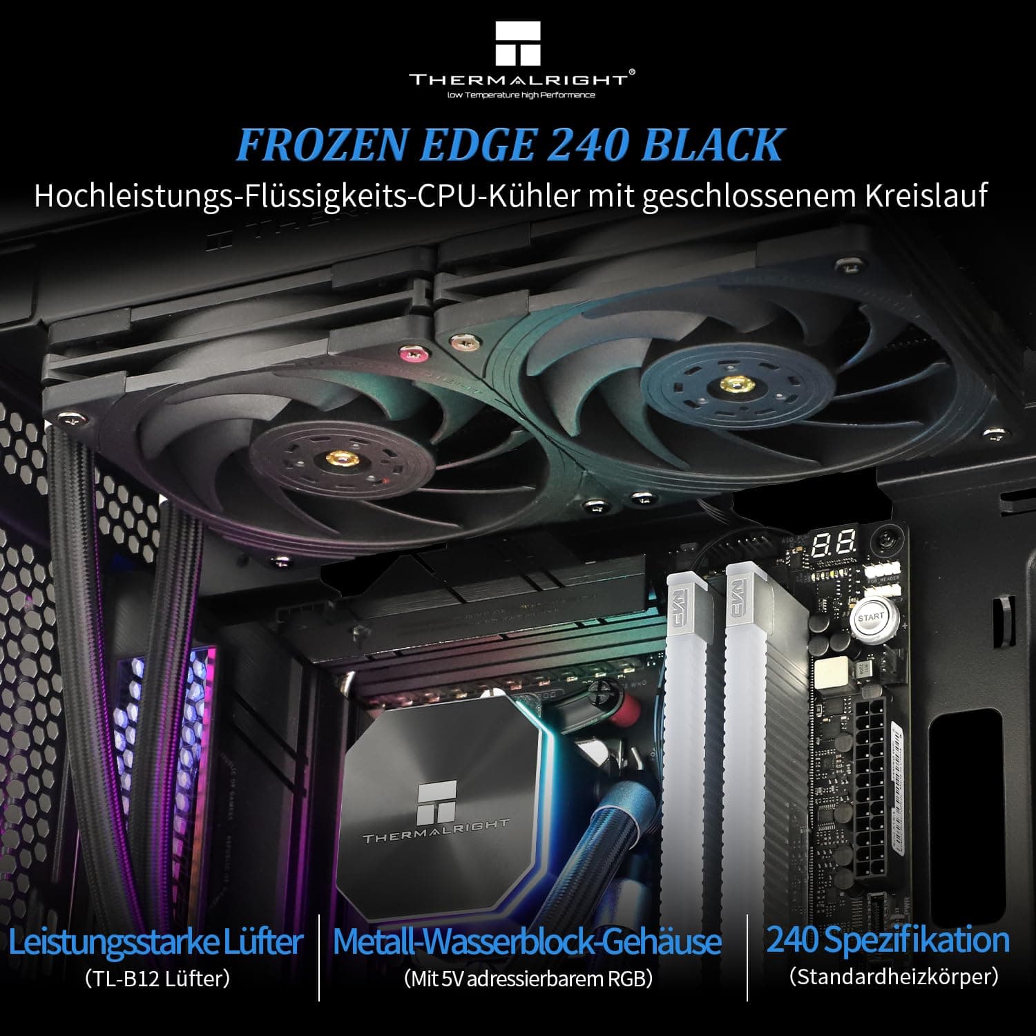 TR Frozen Edge 240 CPU Wasserkühler Schwarz mit PWM-Lüftern, Pumpengeschwindigkeit 3300RPM, S-FDB Lager, für AMD AM4/AM5, Intel LGA1150/1155/1200/1700/2011(FE240 Black) Bild 3