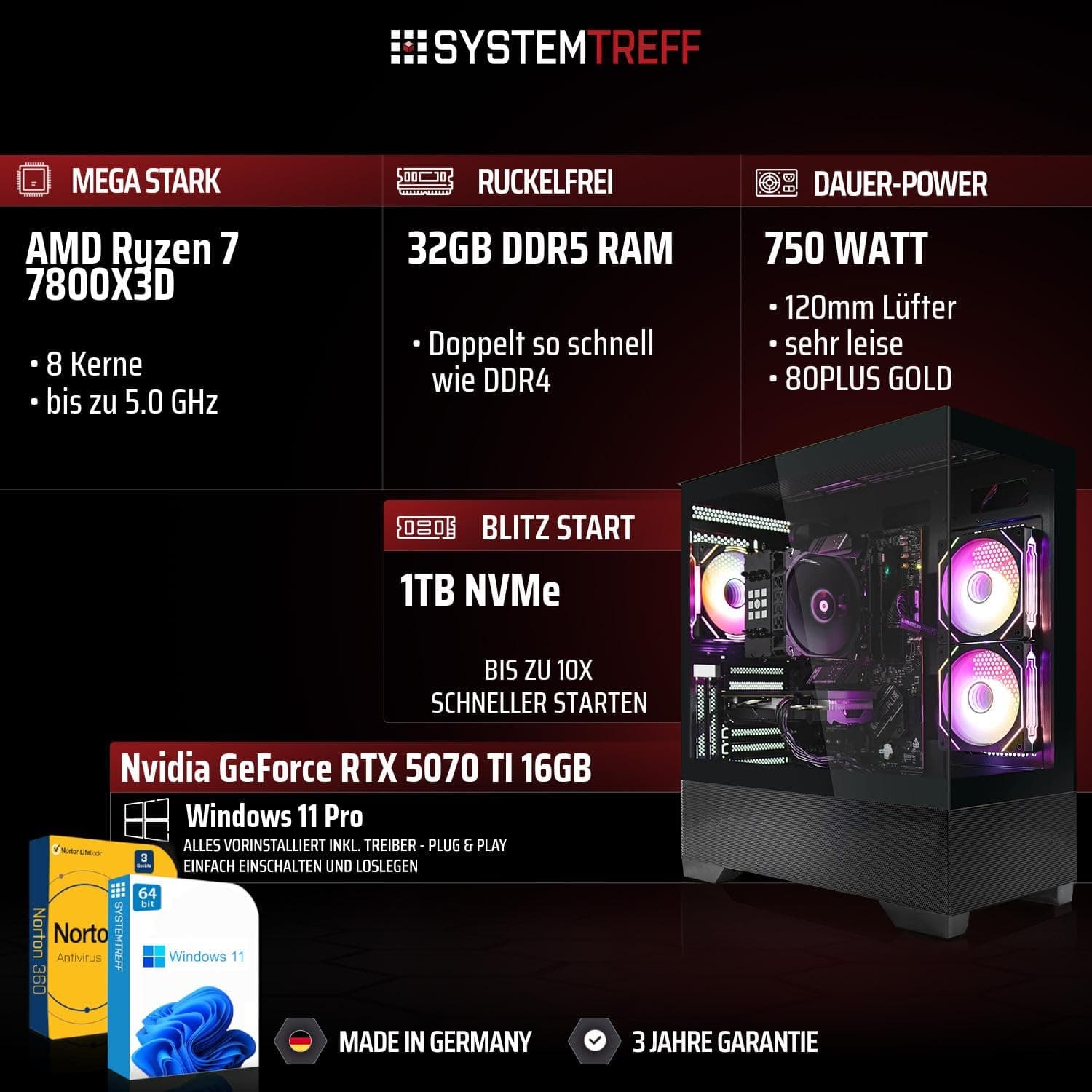 SYSTEMTREFF High-End Gaming PC AMD Ryzen 7 7800X3D 8x5GHz | Nvidia RTX 5070 TI 16GB DX12 | 1TB M.2 NVMe | 32GB DDR5 RAM | Windows 11 | Desktop Computer Rechner für Gamer, Zocker & Streamer Bild 2