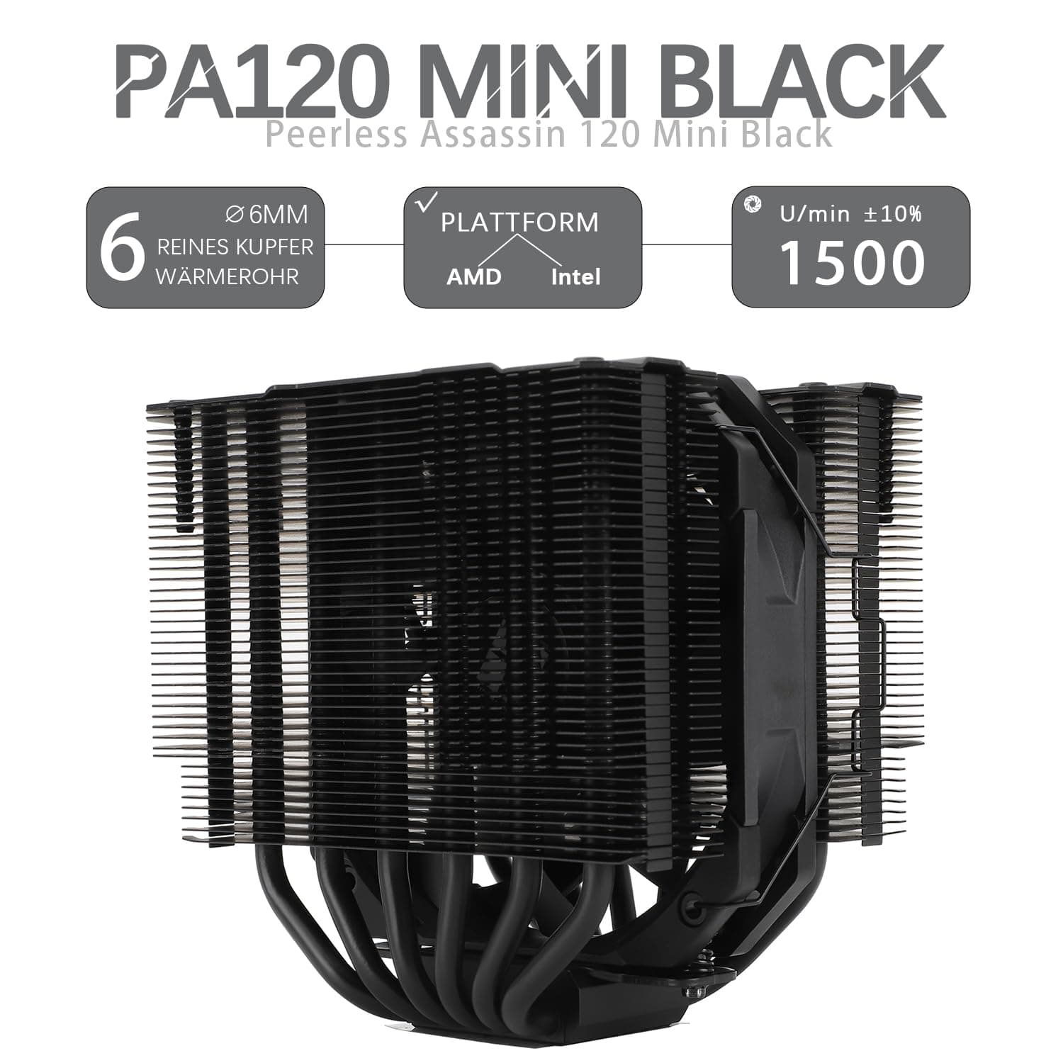 TR-Thermalright Peerless Assassin 120 MINI Black CPU-Kühler,Double Tower mit 6x6mm Heatpipes,12cm PWM Lüfter Low Noise 25.6dBA,Schwarz Top Cover,für AM5/AM4,Intel lga1851/1700/115x/2011,135mm Hoch Bild 3