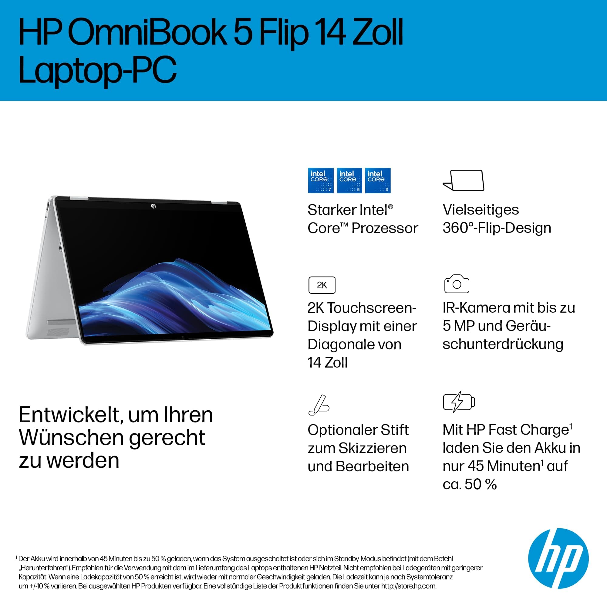 HP OmniBook 5 Flip 14-fp0254ng 2 in 1 Convertible Laptop, 14 Zoll 2K-Touchscreen (1920 x 1200), Intel Core i5-1334U, 16 GB RAM, 512 GB SSD, QWERTZ, Windows 11 Home, Silber Intel Core i5-1334U Intel Iris Xe-Grafikkarte Bild 2