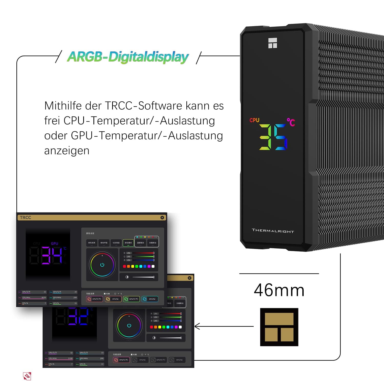 TR-Thermalright Assassin X 120 Digital ARGB Schwarzer CPU-Kühler, 4x6mm Wärmerohre,120mm ARGB-Lüfter-2000U/min, Digital Display Board Top Cover, für AM5/AM4, Intel lga1851/1700, Schwarz Bild 5