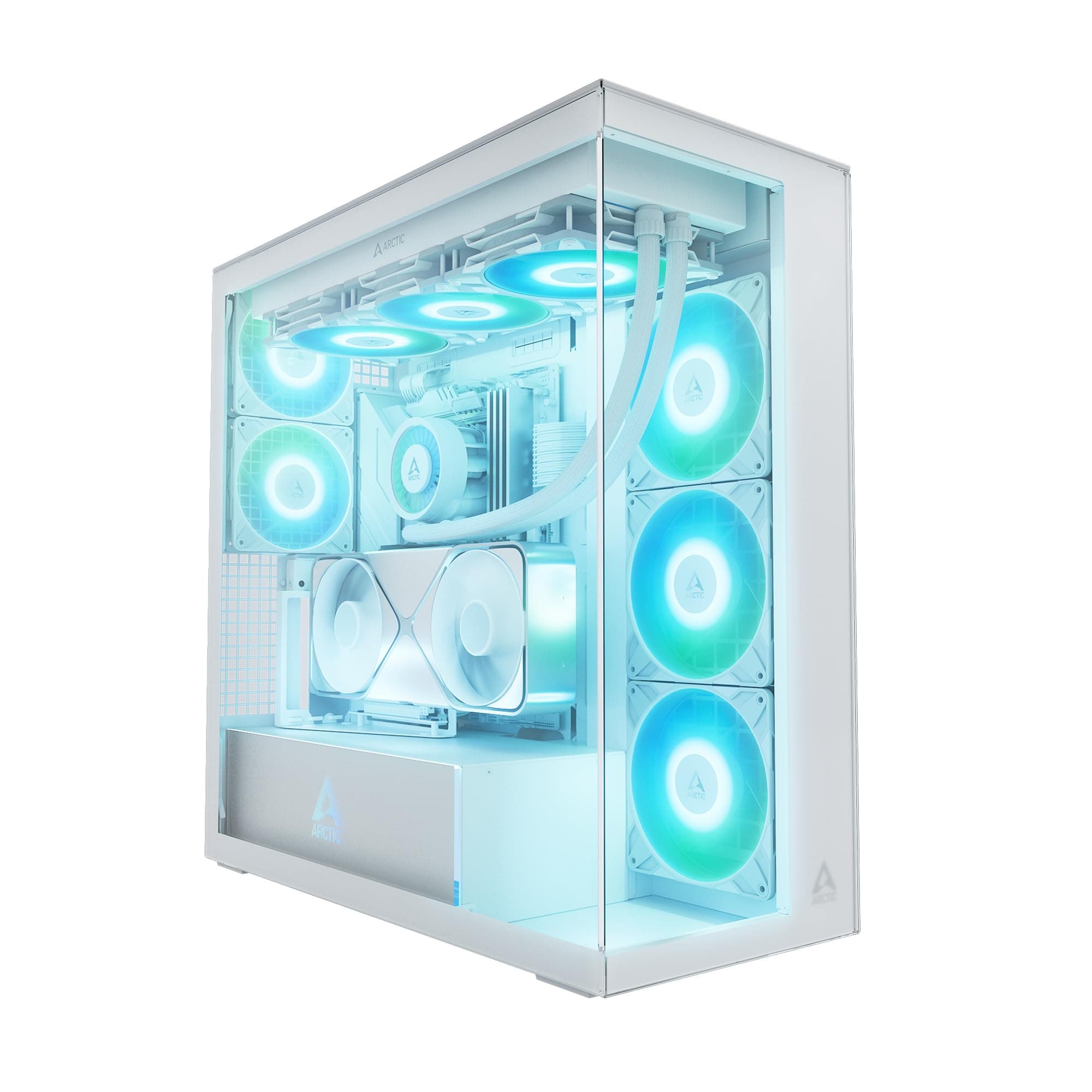 ARCTIC Xtender VG White (Clear Glass) mit vertikaler GPU-Halterung - PC-Gehäuse, Gehärtetes Panorama-Glas, 2X 420 mm Radiator Support, Full Tower, Big Tower, E-ATX, 5X A-RGB Lüfter vormontiert - Weiß white clear
