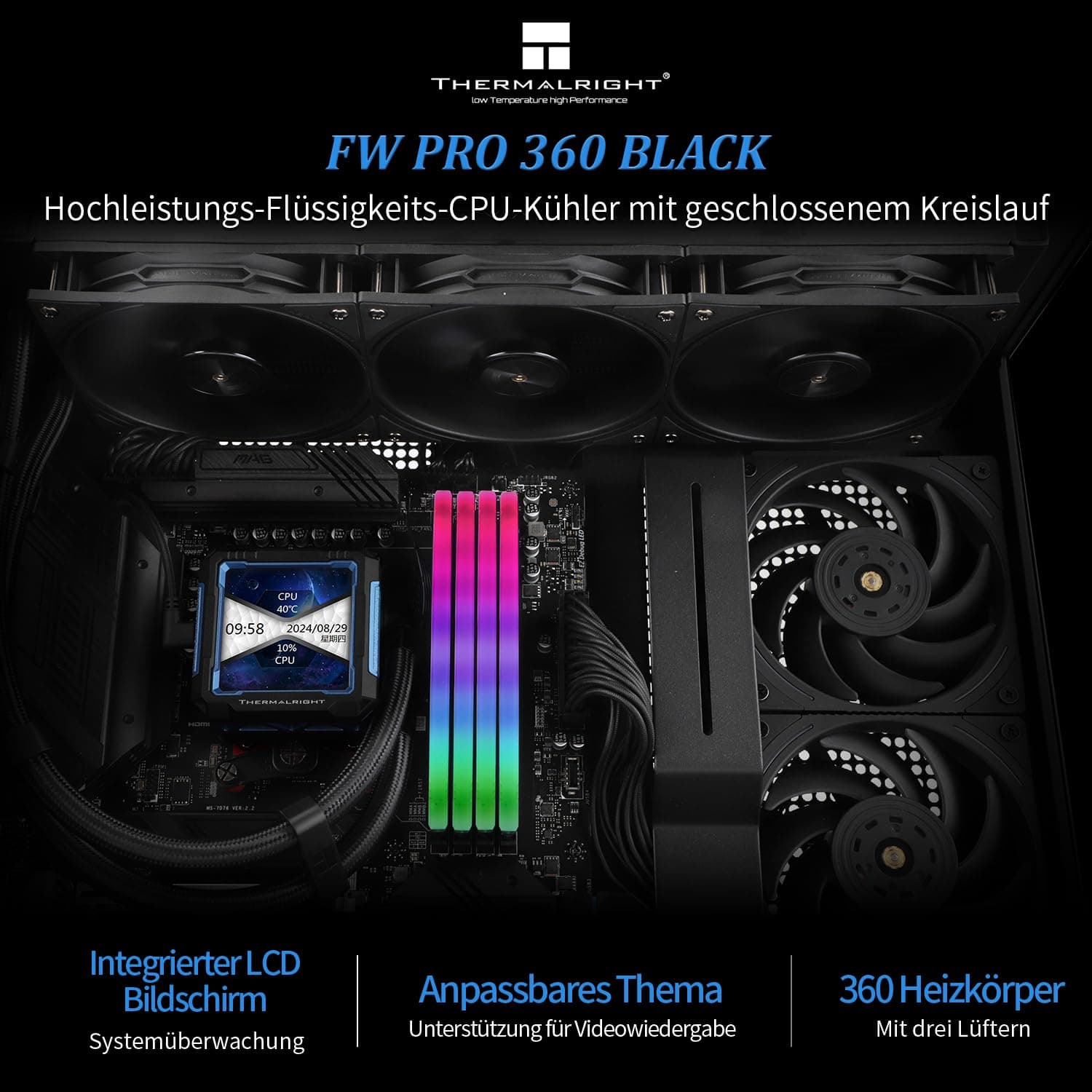 Thermalright FW PRO 360 Schwarz-360mm AIO CPU-Flüssigkeitskühler, 2.73 zoll IPS LCD-Bildschirm mit 320 * 320 Auflösung, für AM4/AM5/Intel LGA1700/1851/115X/1200 FW PRO 360 BLACK Bild 3