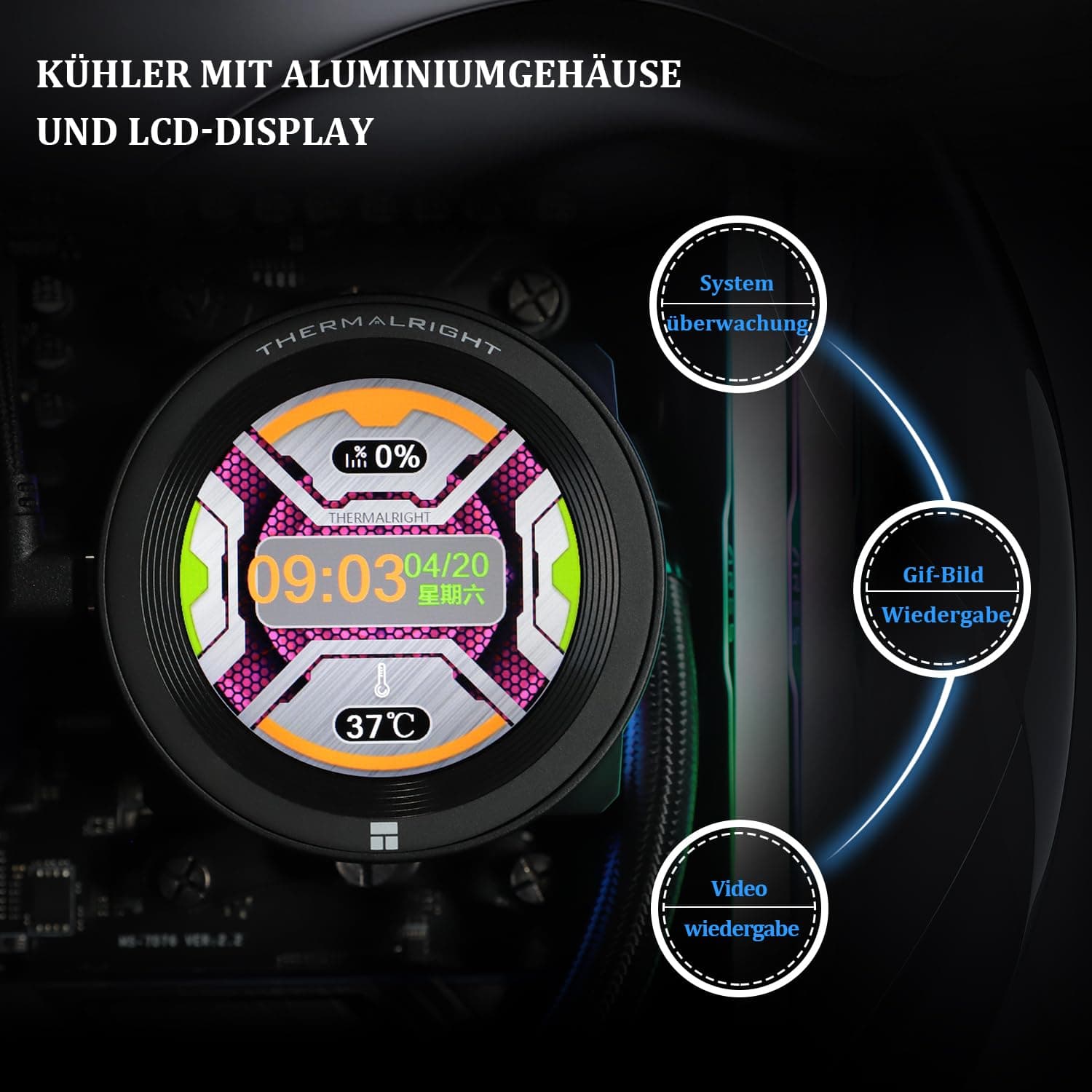 Thermalright CORE VISION 360 Schwarz ARGB-360mm AIO CPU-Flüssigkeitskühler, IPS LCD-Bildschirm mit 480 * 480 Auflösung,für AM4/AM5/Intel 1700/1851,'2.1 Zoll'Magnet-Absorber LCD-Bildschirm für Bilder CV360 BLACK ARGB Bild 5