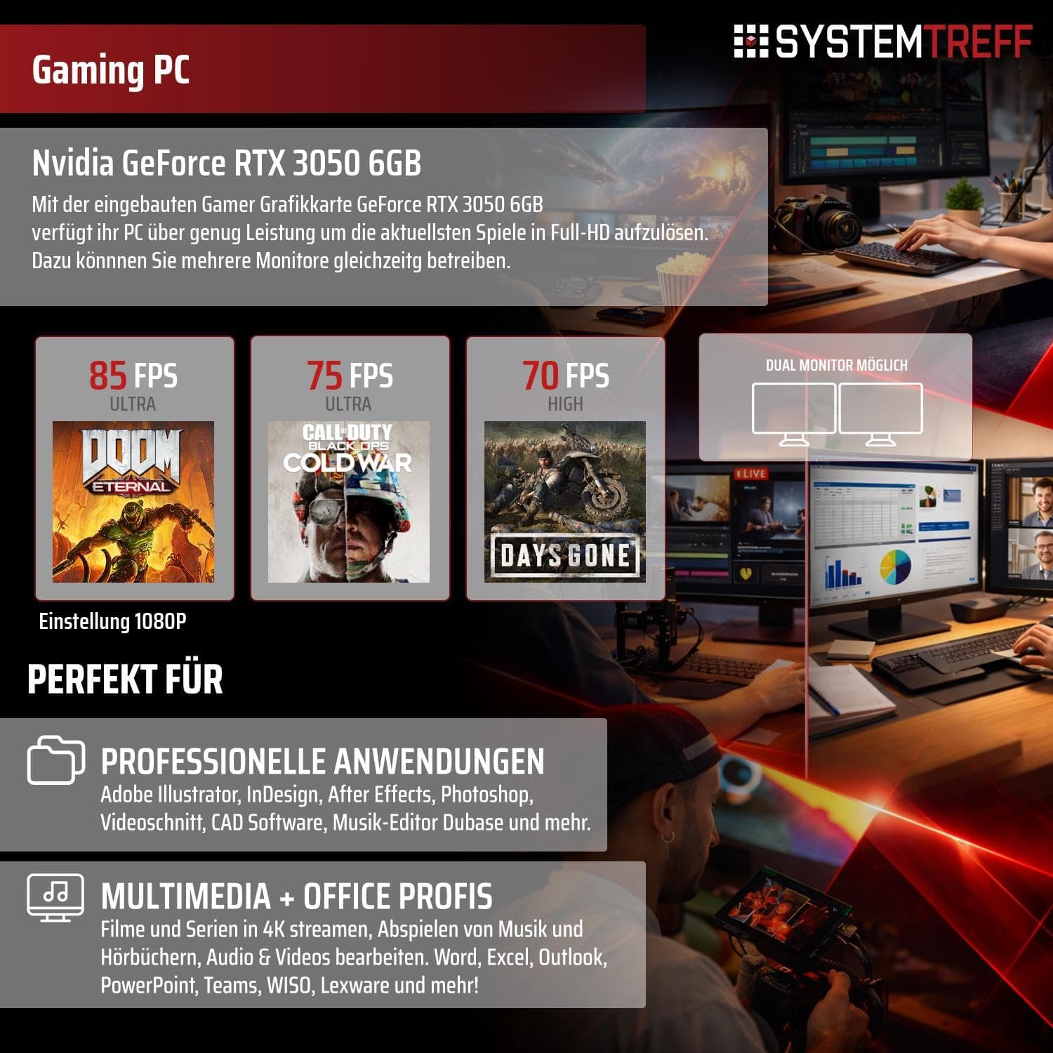 SYSTEMTREFF Basic Gaming PC AMD Ryzen 5 5500 6x4.2GHz | Nvidia RTX 3050 6GB DX12 | 512GB M.2 NVMe | 16GB DDR4 RAM | WLAN Desktop Computer Rechner für Gamer, Zocker & Streamer Bild 5