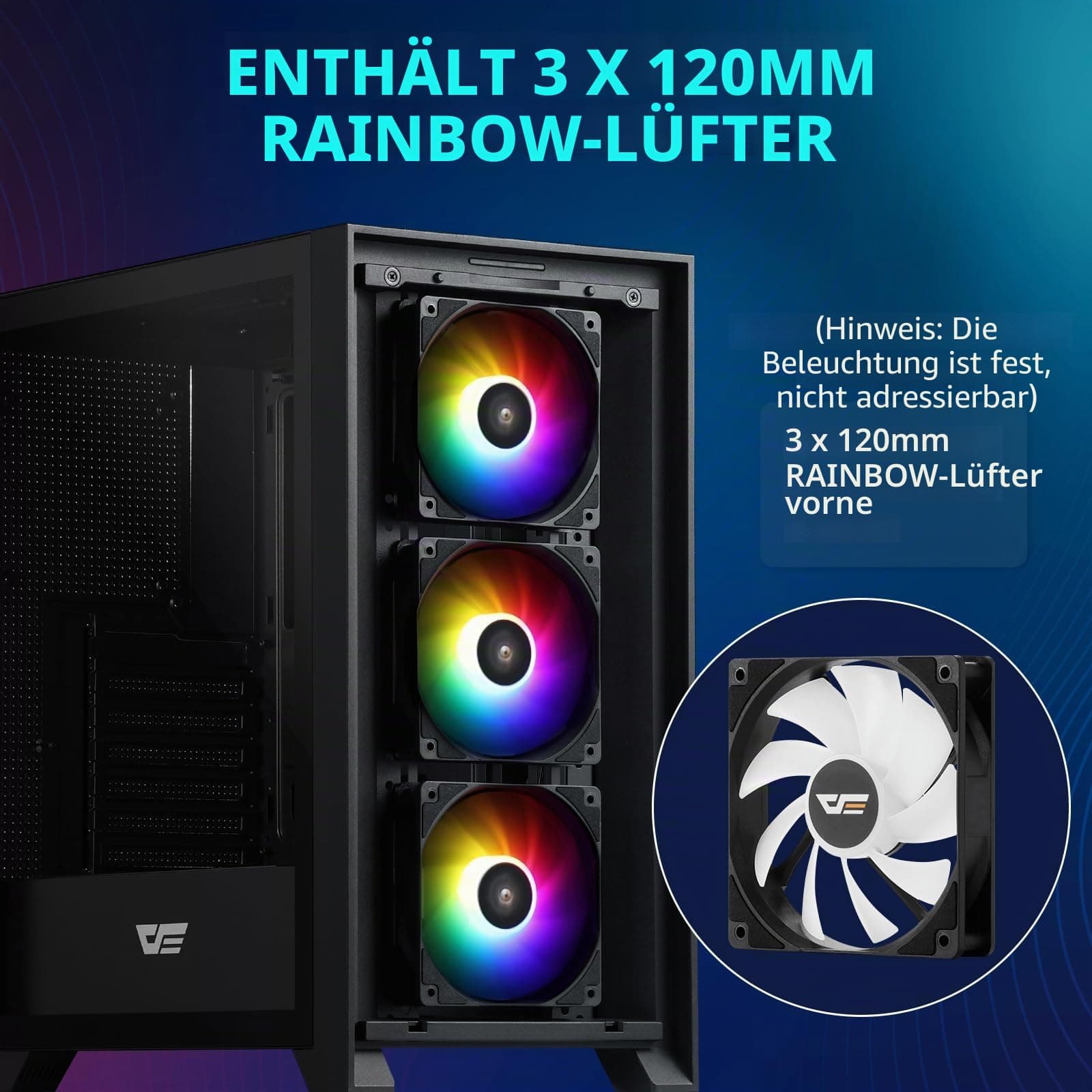 darkFlash ATX Mid-Tower Gaming-PC-Gehäuse, vorinstallierte 3x120mm RGB-Lüfter, abnehmbare große Mesh-Frontblende, USB 3.0-fähig, Seitenwand aus gehärtetem Glas für optimale Belüftung, Schwarz (DRX70) Bild 8