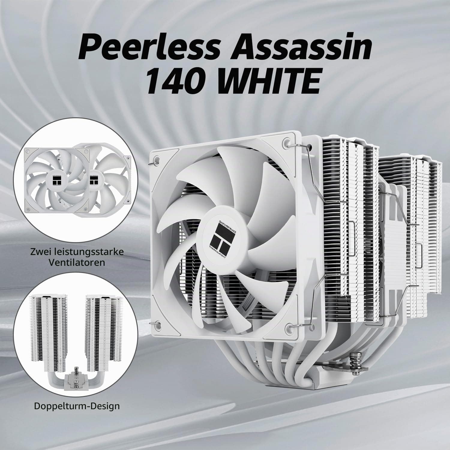 TR Peerless Assassin 140 Weiß, 6 Heatpipes, zwei PWM Lüfter und zwei Turme, 158 mm hohe CPU-Kühlung mit oberer Abdeckung, für AM4/AM5 und Intel LGA1851/1700/115X/1200 WHITE Bild 3