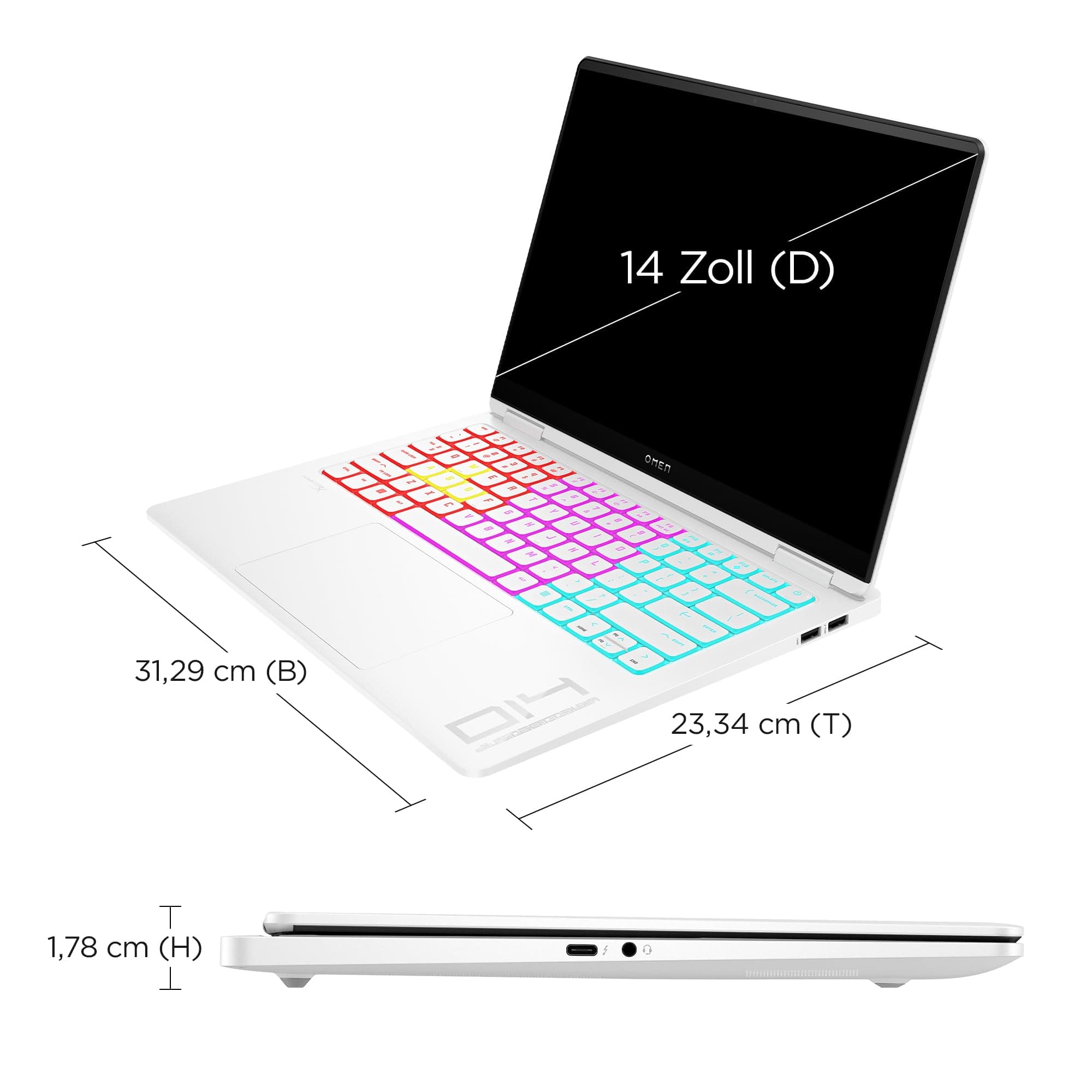 HP Omen Transcend Gaming Laptop, 14 Zoll 2,8K OLED 120Hz, Intel Core Ultra 7 155H, 16 GB DDR5 RAM, 1 TB SSD, NVIDIA GeForce RTX 4060 (8GB), QWERTZ, Windows 11, Weiß inkl. HyperX Cloud III Wireless NVIDIA GeForce RTX 4060 inkl. HyperX Cloud III Wireless + Xbox Game Pass Probemonat Bild 4