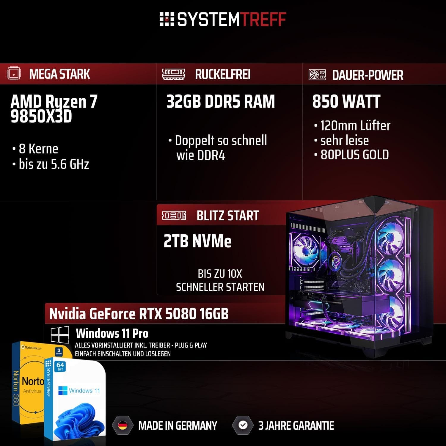 SYSTEMTREFF High-End Gaming PC AMD Ryzen 7 9850X3D 8x5.6GHz | Nvidia RTX 5080 16GB DX12 | 2TB M.2 NVMe | 32GB DDR5 RAM | Windows 11 | Desktop Computer Rechner für Gamer, Zocker & Streamer Bild 2