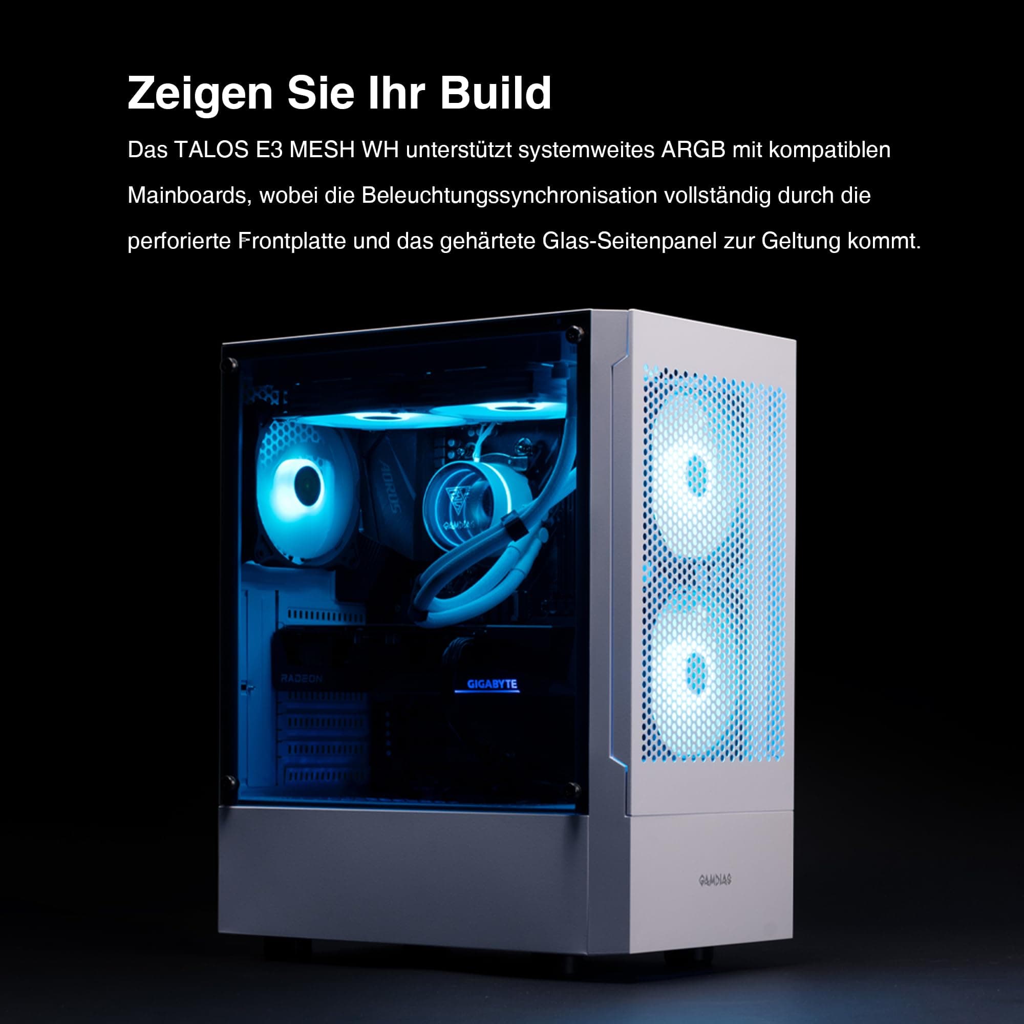 GAMDIAS ATX Mid-Tower Gaming-PC-Gehäuse, Enthält 3 x 120 mm ARGB-Lüfter, High Airflow Mesh Front, Gehärtetes Glas-Seitenteil, PSU-Abdeckung, Weiß TALOS E3 MESH WH Bild 7