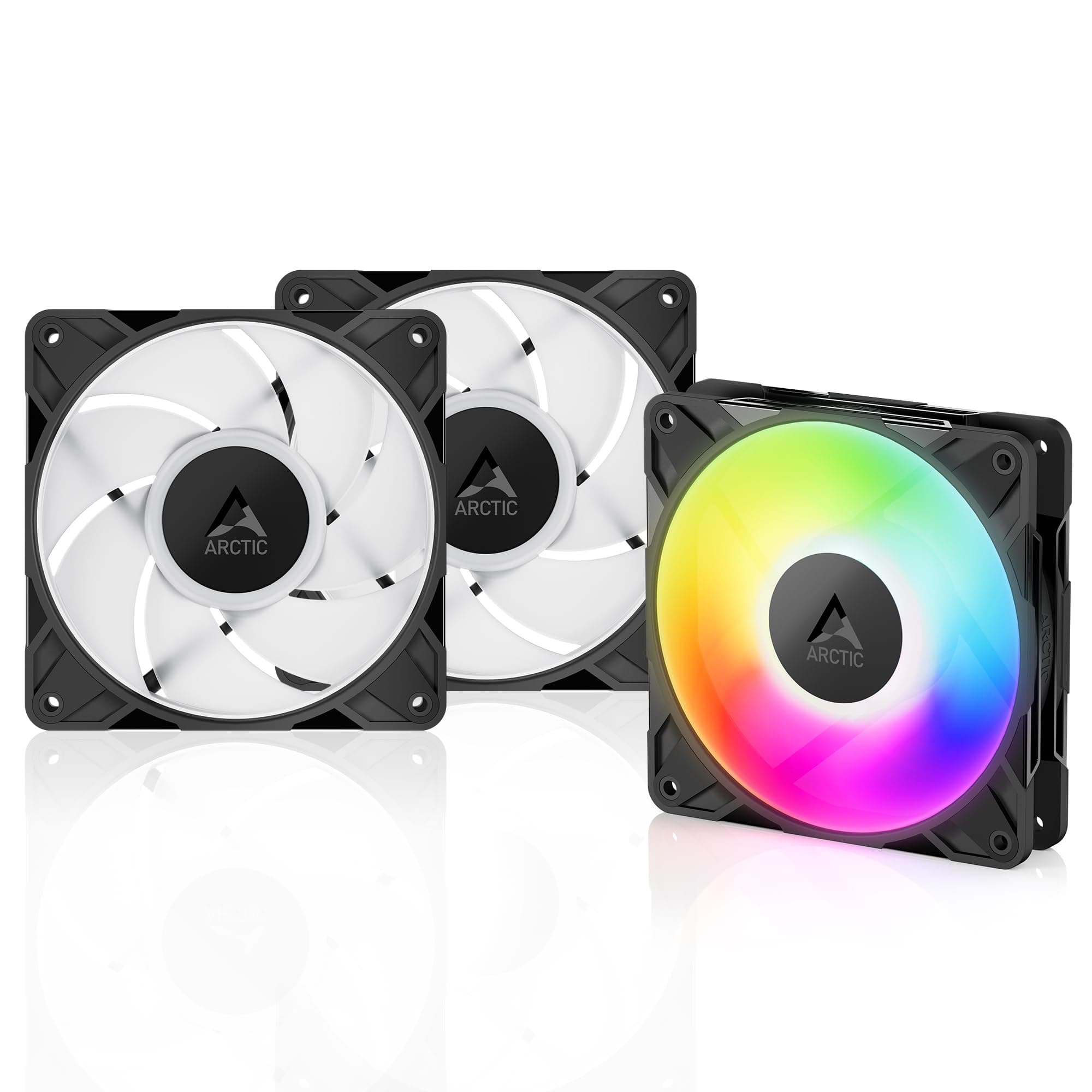 ARCTIC P12 Pro A-RGB (3 Stück) - Leistungsstarker Premium PC Lüfter, 120 mm PWM Case Fan mit Y-Kabelsplitter, 600–3000 rpm, 0 rpm <5% PWM, 5V Digital RGB, Hydrodynamisches Gleitlager, 4-Pin - Schwarz P12 Pro PST A-RGB (3 Stück)