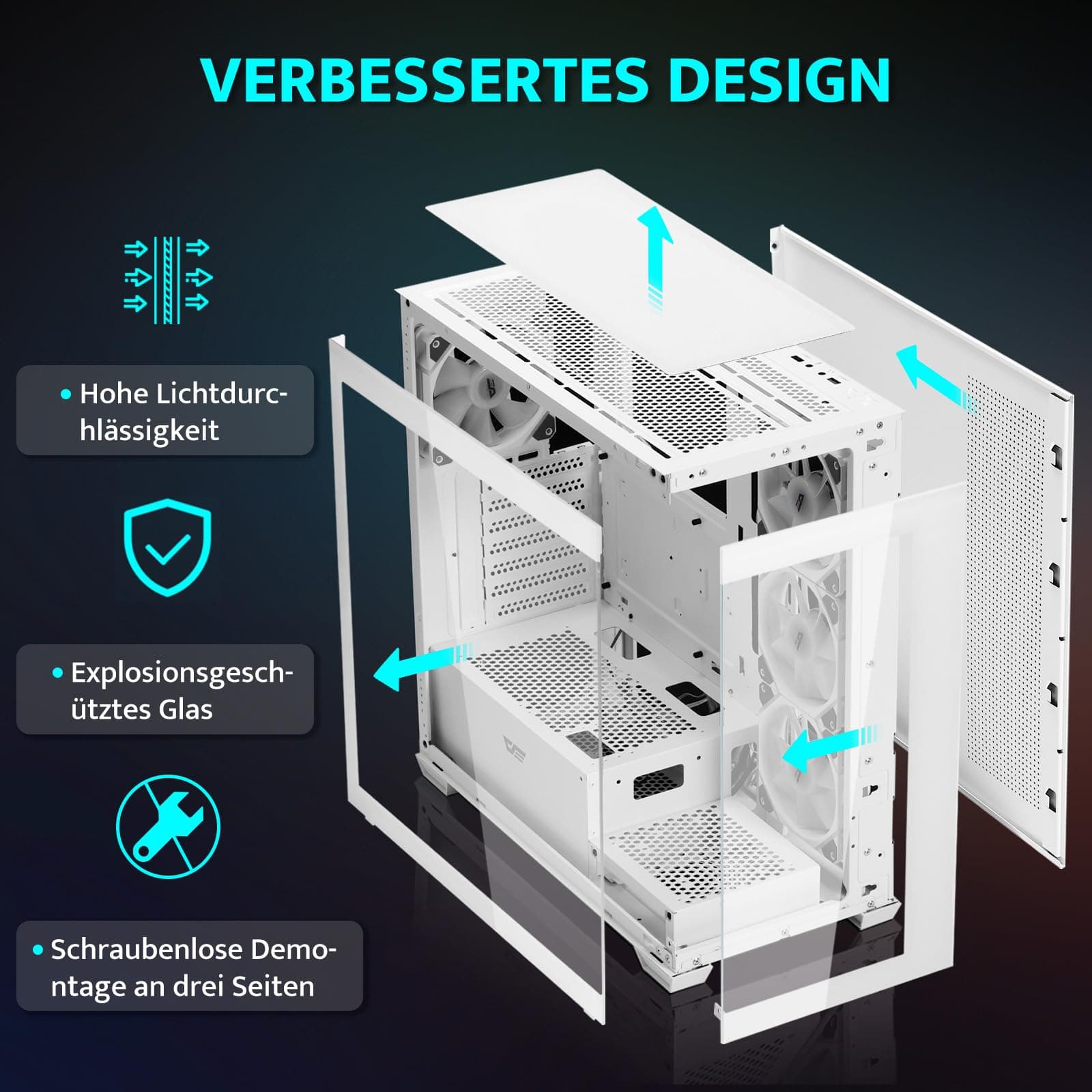 darkFlash ATX Mid-Tower PC-Gehäuse, vorinstallierte 4 PWM ARGB-Lüfter, Gaming-PC-Gehäuse mit doppelter Sichtscheibe gehärtetem Glas, Typ-C, unterstützt Wasserkühlungsradiatoren 360mm, Weiß (DS900) Weiß(4 ARGB PWM Lüfter) Bild 3