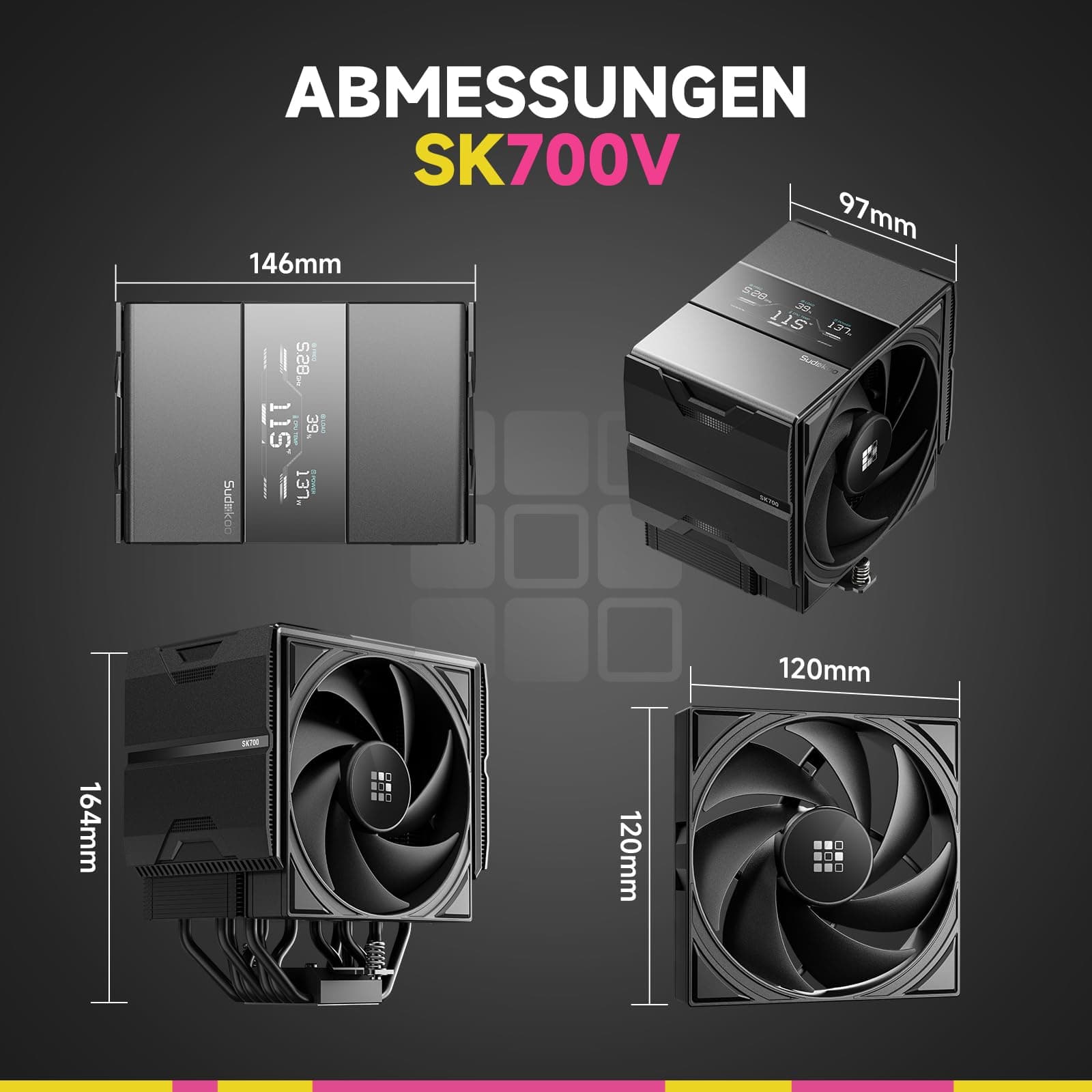Sudokoo SK700V CPU Kühler AM5: PC Lüfter 120mm mit Display Digital &7 Heatpipes für AM5 Exklusiv - CPU Cooler mit 120mm Lüfter & Single Tower - Luftkühler van Volle RAM-Freiheit, 5 Jahre Garantie SK700V Schwarz Bild 7