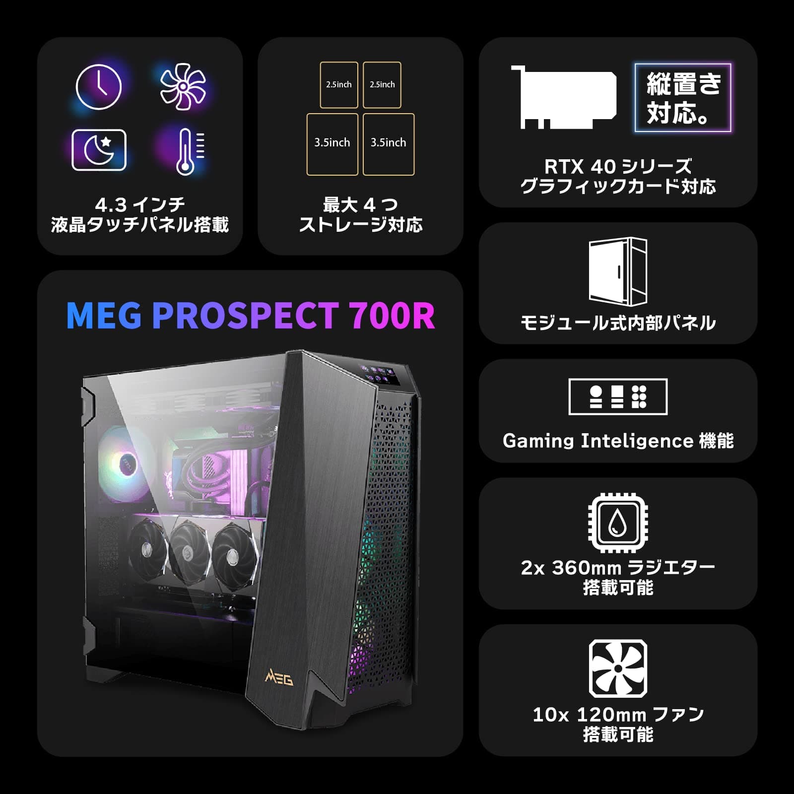 MSI Meg Prospect 700R PC-Gehäuse, Mid-Tower, E-ATX-Kapazität, IPS-Touchscreen, modulares Seitenpanel, 4 x 140 mm ARGB-Lüfter, USB 3.2 Gen, 2 x 2 Typ-C Bild 3