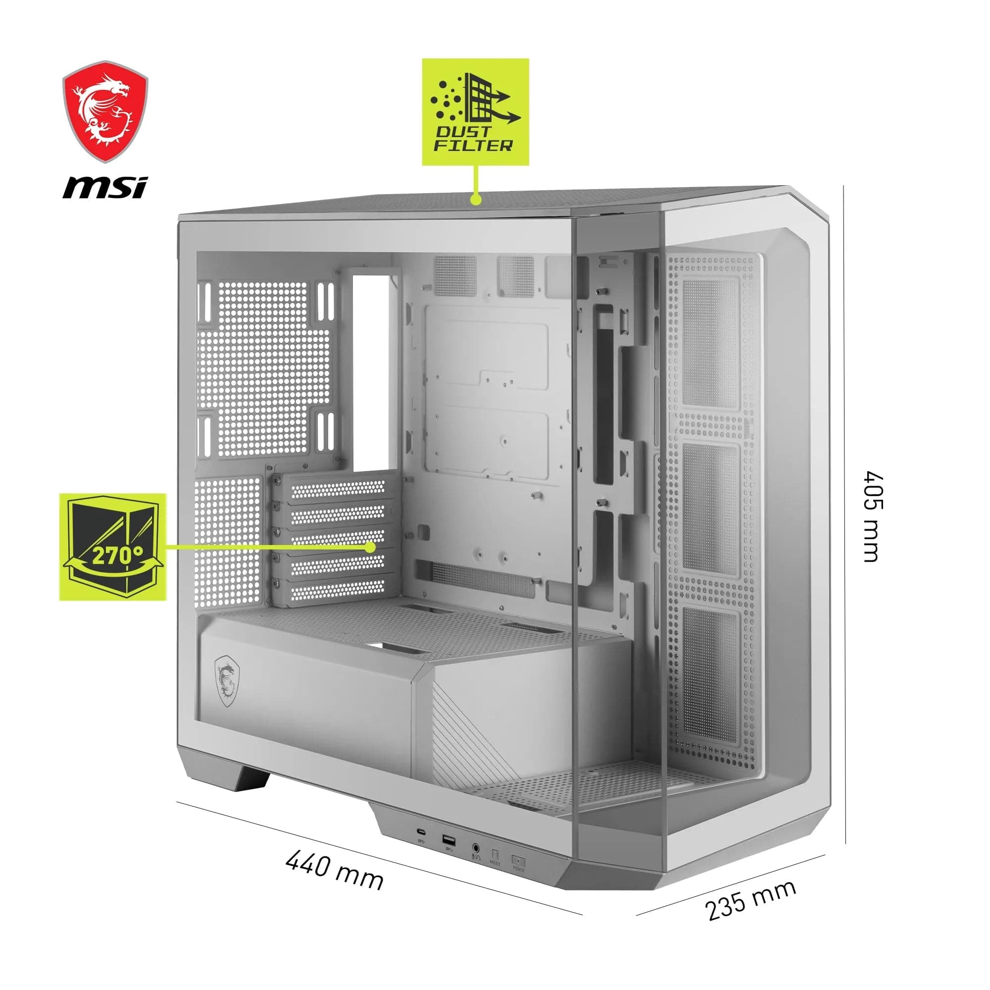 MSI MAG PANO M100L PZ Weiß Micro-ATX PC-Gehäuse - Micro-ATX-Kapazität, GPU-Support-Ständer, Füllstandsanzeige, Staubfilter, 33 mm Kabelführungsraum, USB Typ-C (20Gbps) Bild 5