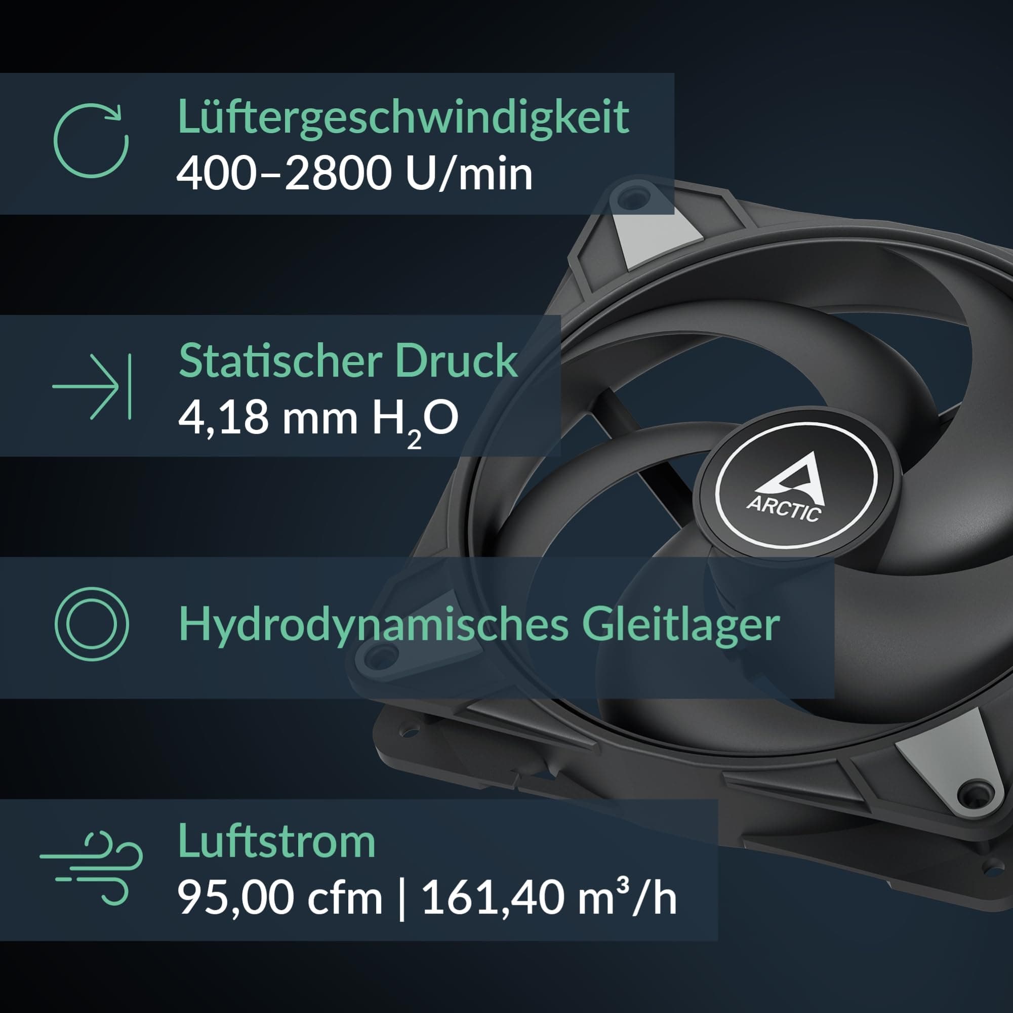 ARCTIC P14 Max (5 Stück) - PC Lüfter, High-Performance 140 mm Gehäuselüfter, PWM-gesteuerte 400–2800 rpm, Optimiert für statischen Druck, 0dB-Mode - Schwarz Bild 3