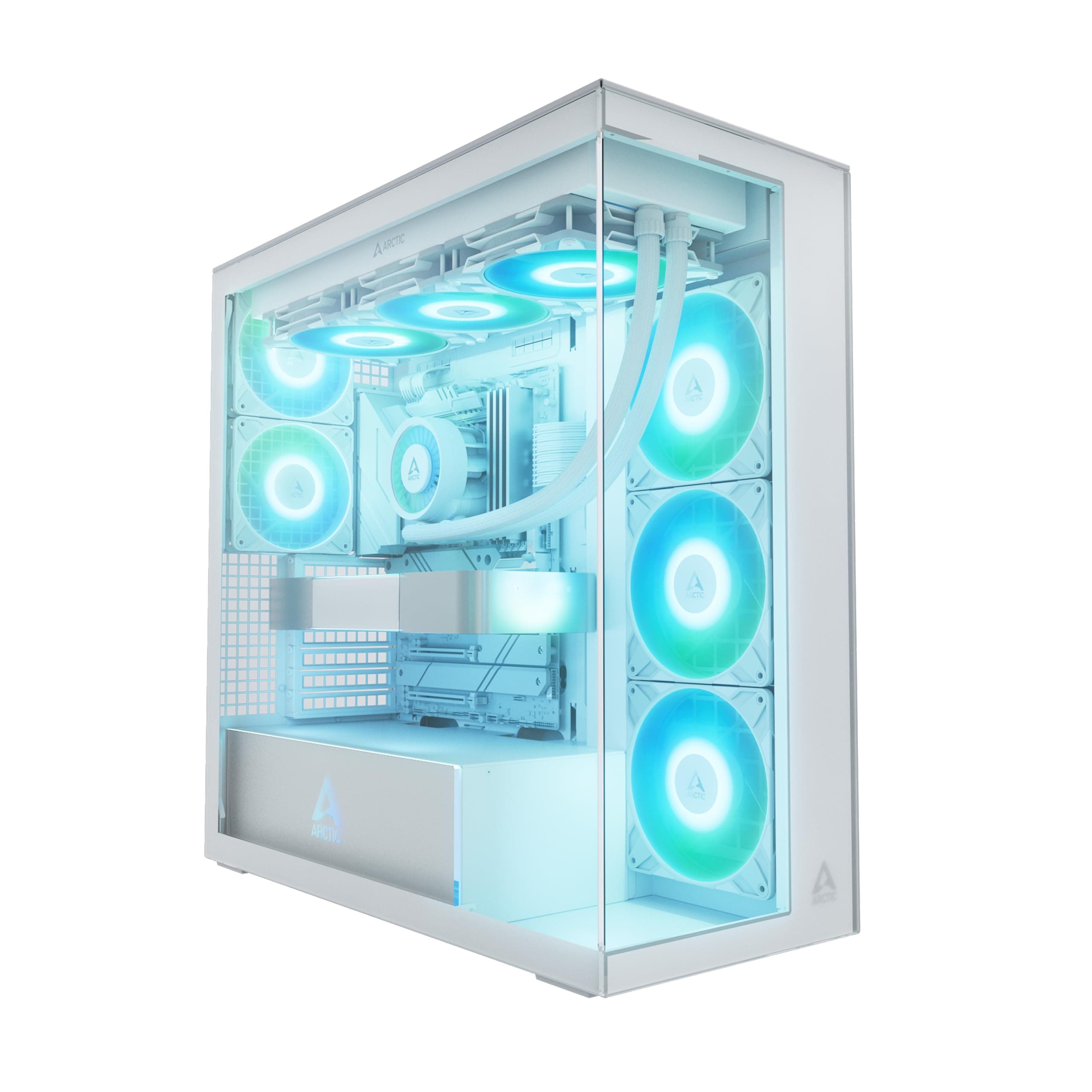 ARCTIC Xtender White (Clear Glass) - PC-Gehäuse, Gehärtetes Panorama-Glas, 2X 420 mm Radiator Support, Full Tower, Big Tower, E-ATX, 5X A-RGB Lüfter vormontiert - Weiß white clear