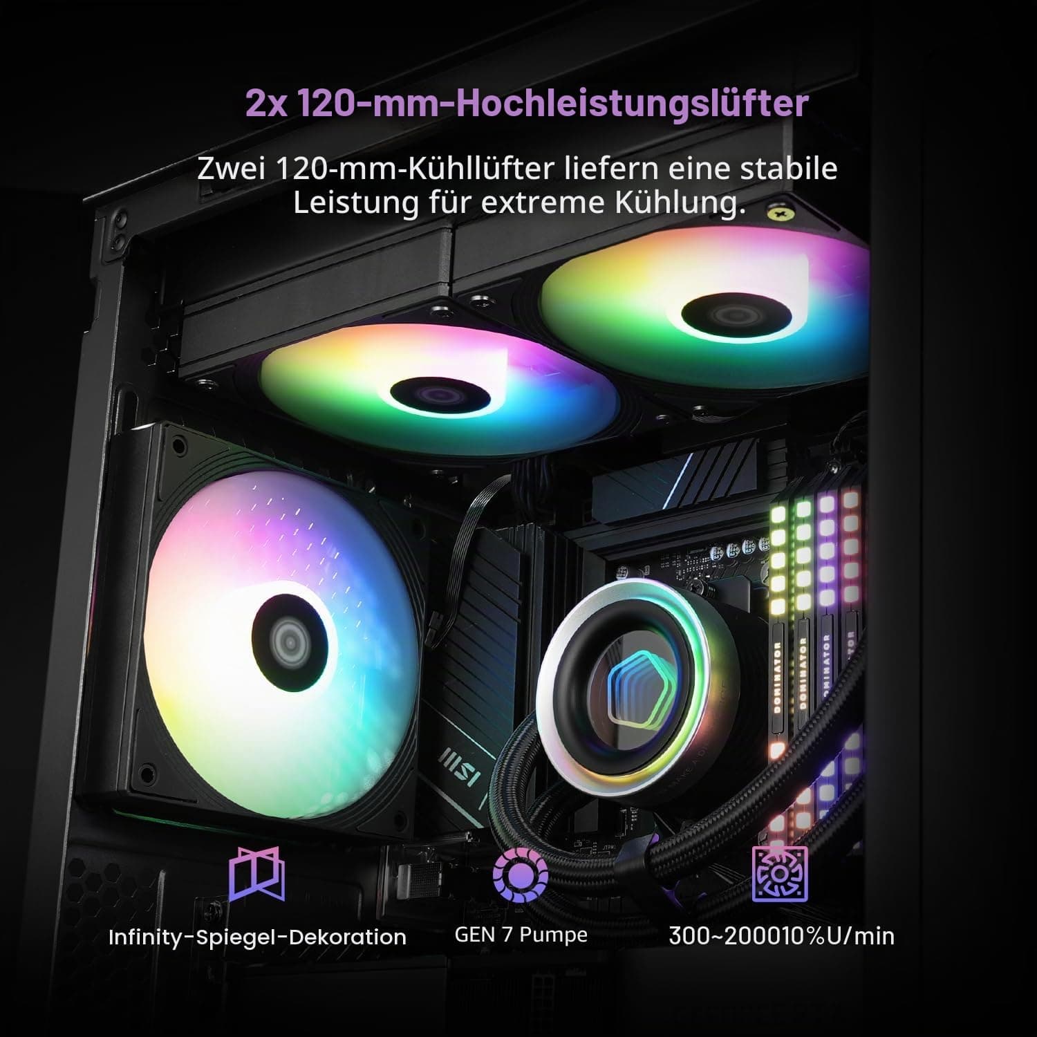 ID-COOLING FX240 INF 240mm Flüssigkeits-CPU-Kühler, AIO mit ARGB-Infinity-Spiegel-Effekt, 2x120mm Daisy-Chained Lüfter, leiser Betrieb bis 27,2 dB(A), Intel LGA1851/1700/1200/115X & AMD AM5/AM4. Bild 7