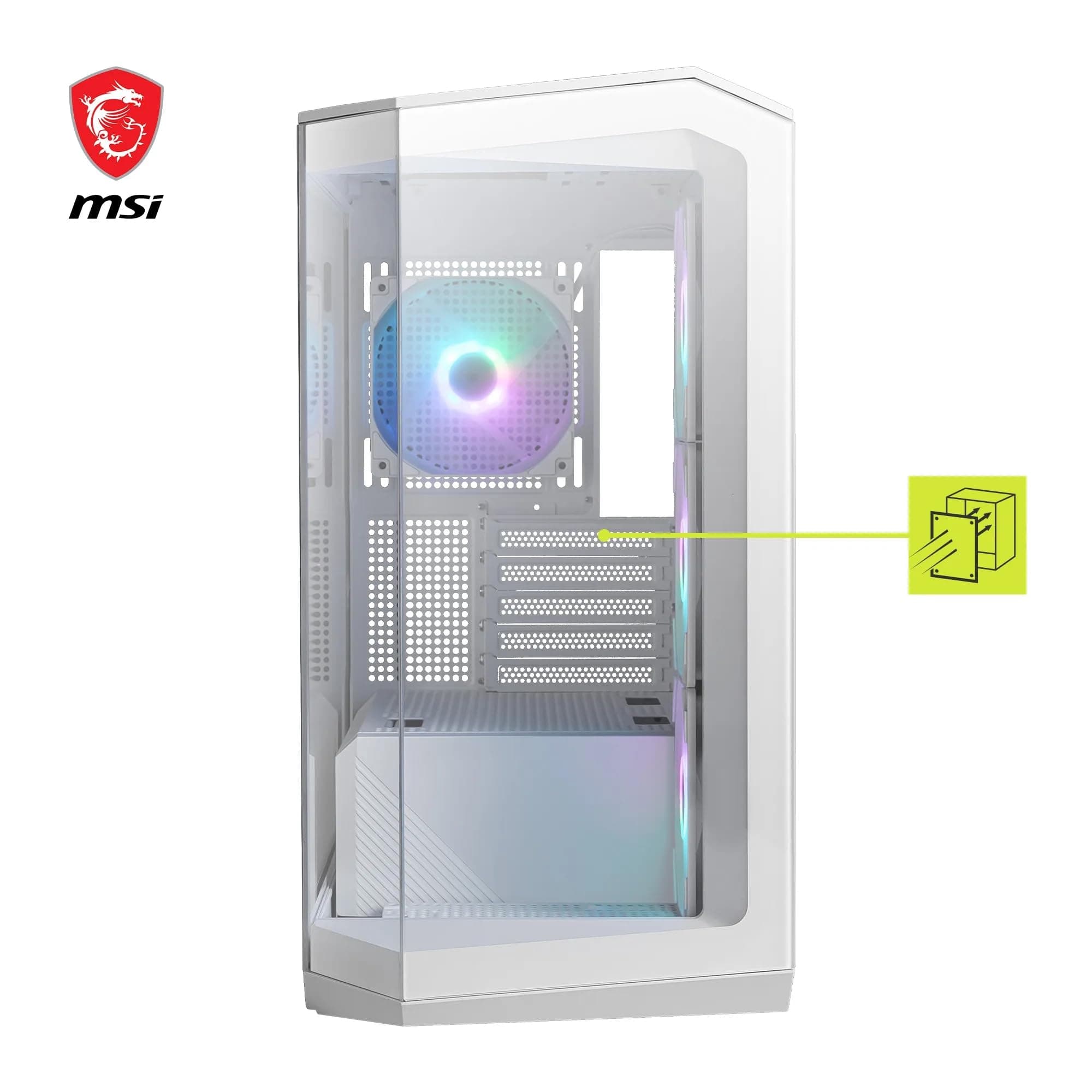 MSI MAG PANO M100R PZ Weiß Micro-ATX PC-Gehäuse - 3 x 120 mm Reverse-Blade ARGB-Lüfter und 1 x 120 mm ARGB-Lüfter mit Hub, GPU-Ständer, Staubfilter, 33 mm Kabelführungsraum, USB Typ-C (20Gbps) Bild 4