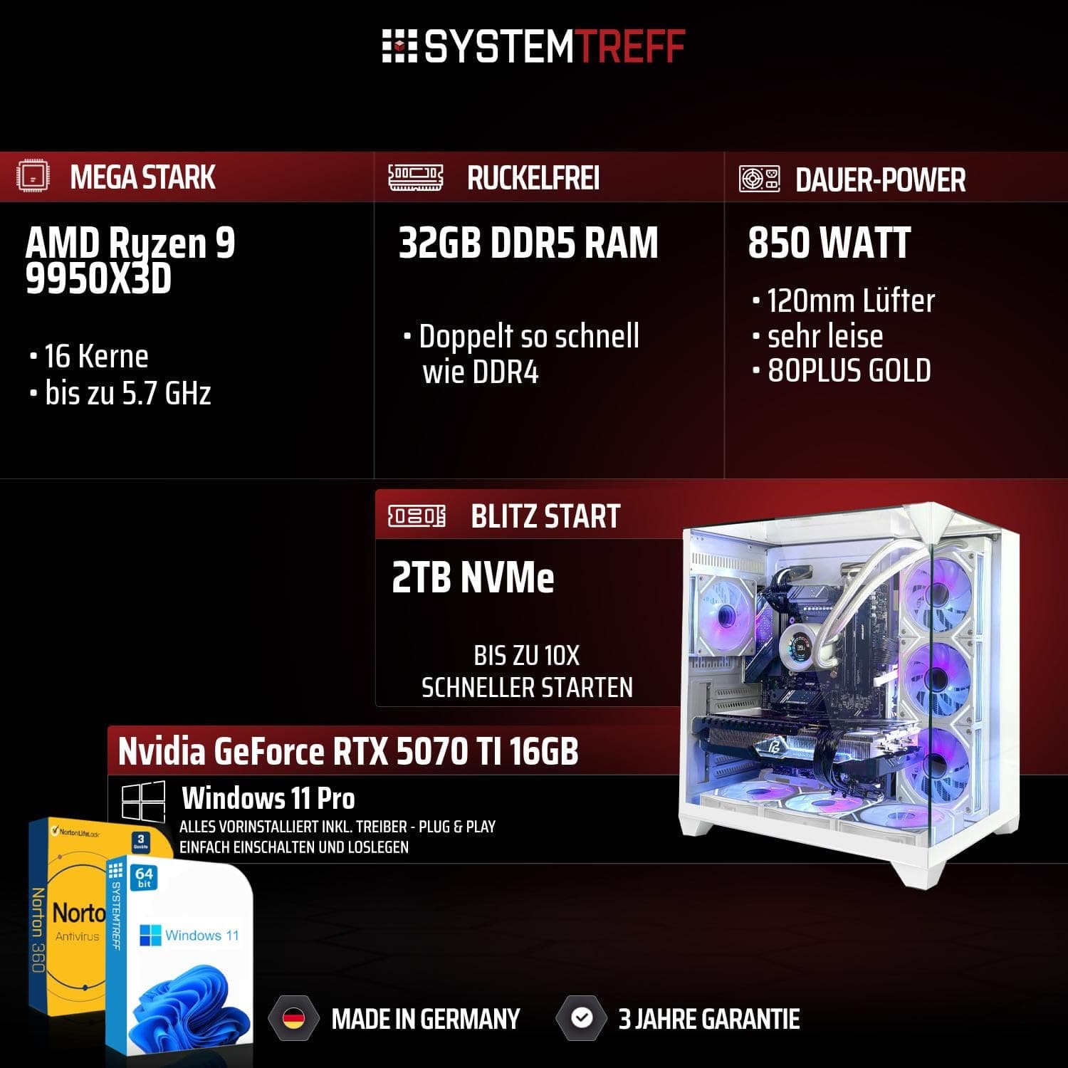SYSTEMTREFF High-End Gaming PC weiß AMD Ryzen 9 9950X3D 16x5.7GHz | Nvidia RTX 5070 TI 16GB | 2TB M.2 NVMe | 32GB DDR5 RAM | Windows 11 | Desktop Computer Rechner für Gamer, Zocker & Streamer Bild 2