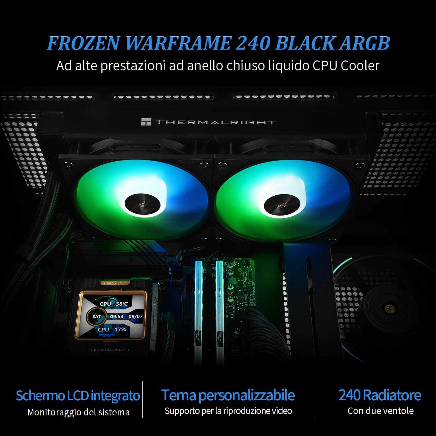 TR FW240 Black ARGB CPU Wasserkühler mit 2 PWM-Lüften, 3000 U/min Wasserpumpe, S-FDB-Bearing, für AMD/Intel Bild 3