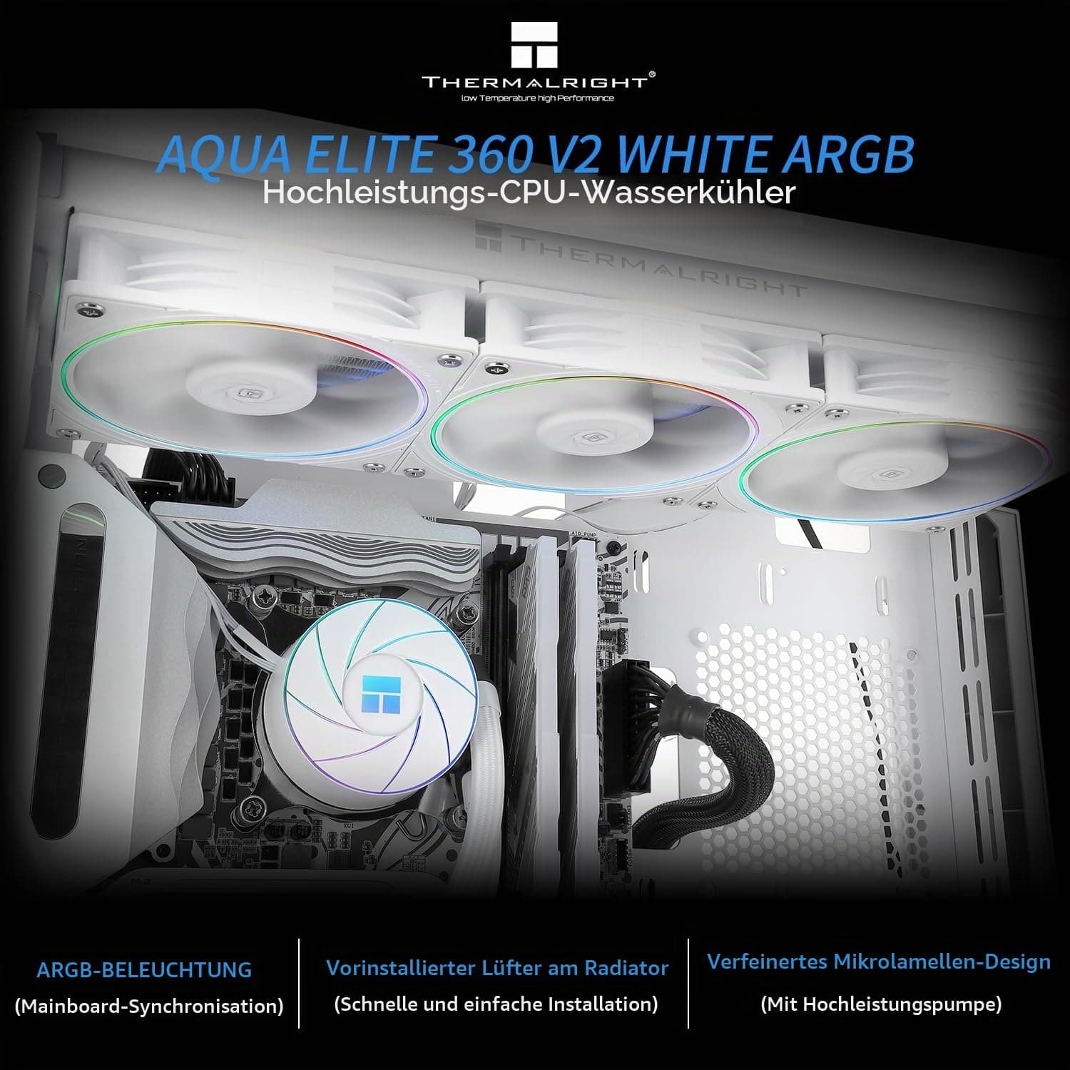 Thermalright AQUA ELITE 360 Weiß ARGB V2 CPU-Wasserkühler, 360 Aio CPU-Kühler, 3xTL-S12W PWM-Lüfter, S-FDB-Lager, ARGB-Feinblendeneffekt, für AM4/AM5, Intel LGA1150/1151/1200/1851/1700 360mm White Bild 3