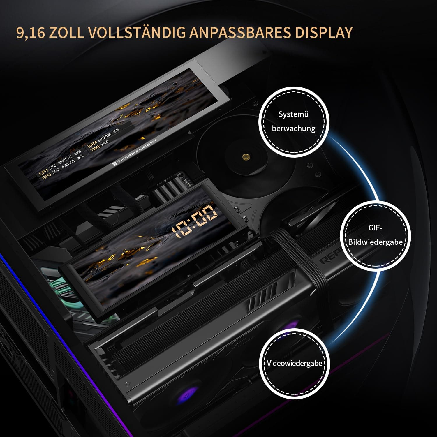 Thermalright A70 Vision PC Gehäuse mit 9,16-Zoll-Display, Panorama-Sicherheitsglas, ATX-Tower Unterstützt ATX-Mainboard/42cm-Grafikkarten,mit ARGB-Lichtleiste und verstecktem Kabelmanagement-Schwarz Bild 6