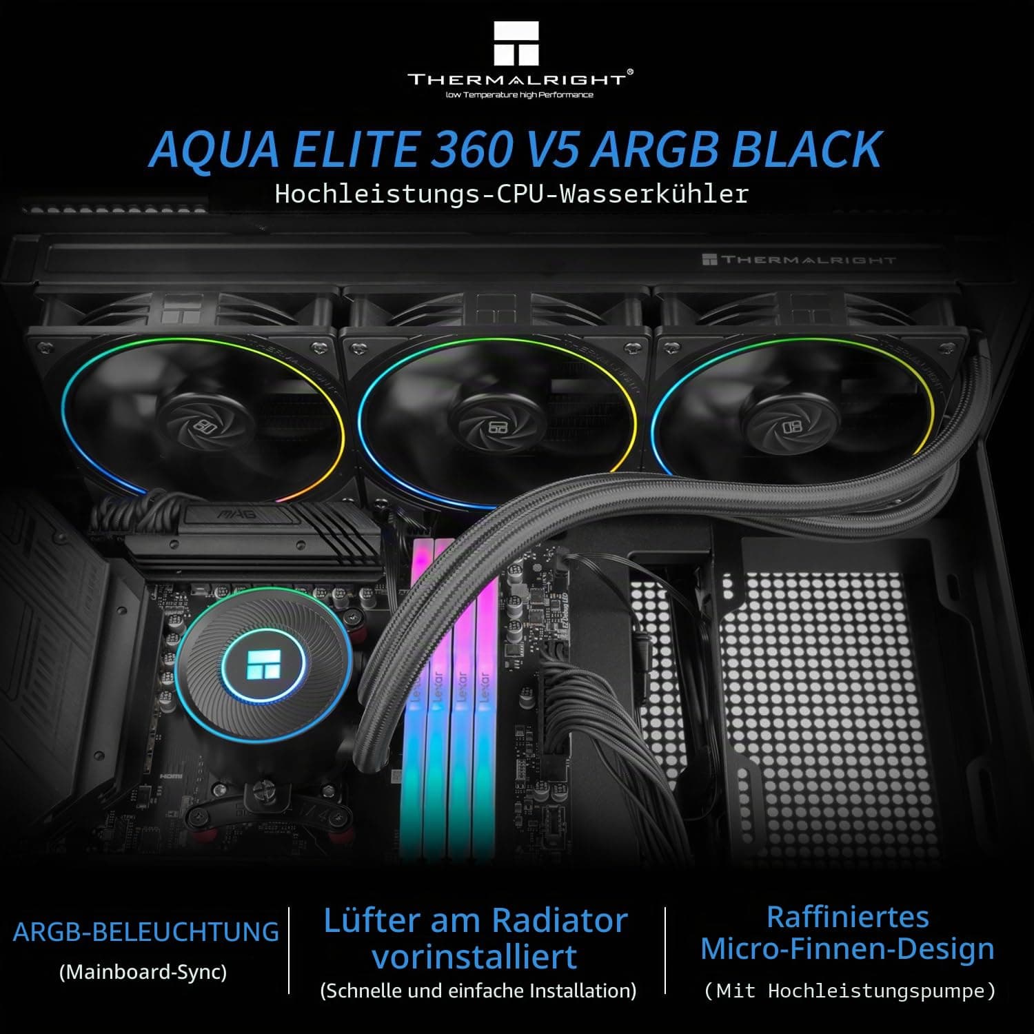 Thermalright Aqua Elite 360 V5 ARGB Black CPU-Flüssigkeitskühler, 360 mm Kühlkörpergröße, 3x TL-S12 PWM Lüfter, für AM4/AM5, Intel LGA115X/1200/1700/1851, AIO CPU-Kühler 360mm Schwarz Bild 3