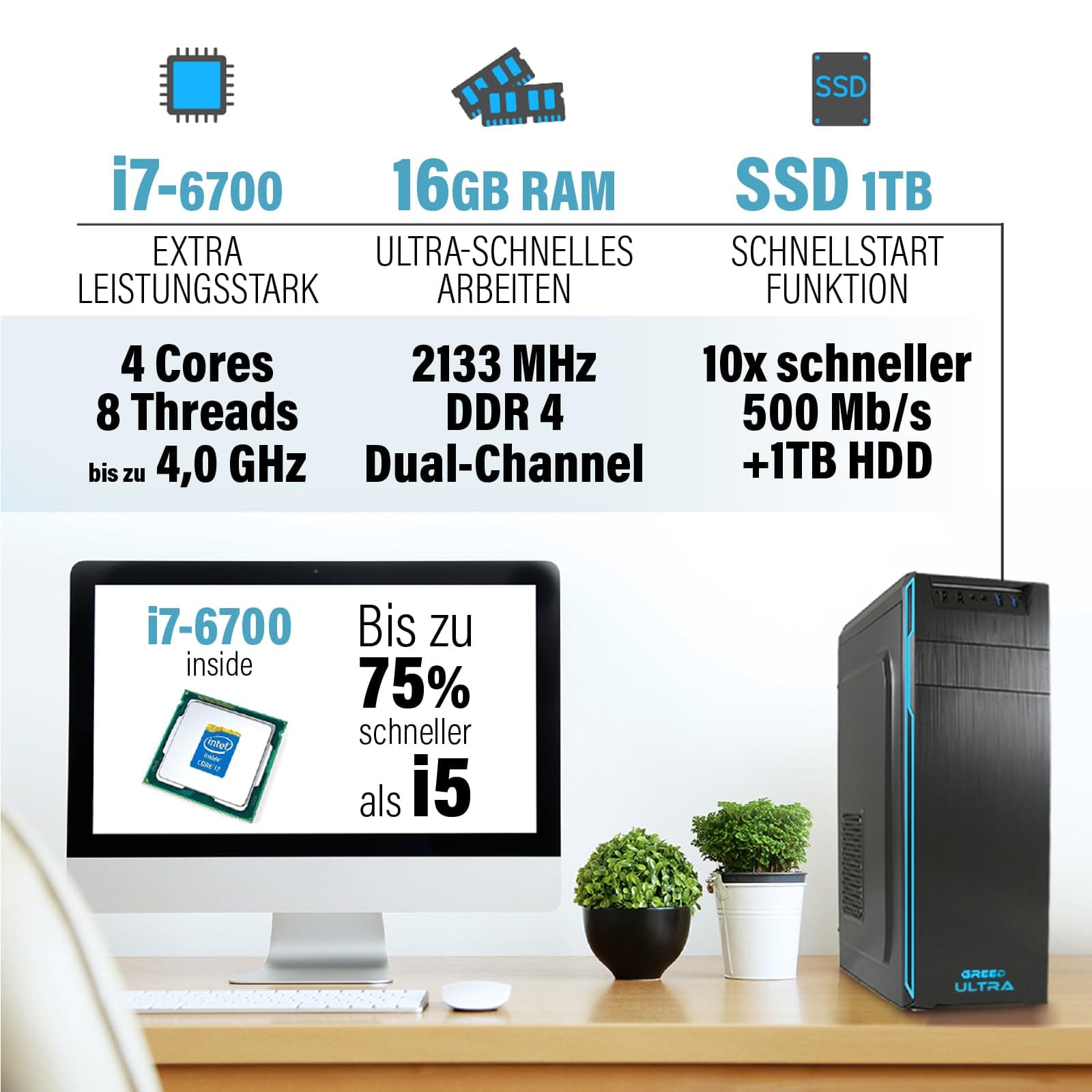 GREED® Ultra 7 - Schneller PC mit Intel Core i7 - Leiser Computer + Rechner für Büro & Home Office mit 4,0 GHZ, 16GB DDR4 RAM/Arbeitsspeicher - 1TB SSD + 1TB HDD - DVD+RW - WLAN - inkl Win 11 Pro GREED Ultra-7 Bild 5