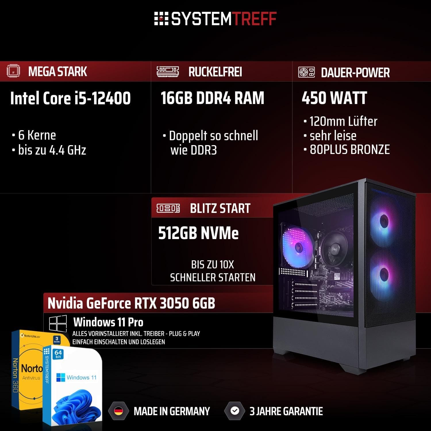SYSTEMTREFF Basic Gaming PC Intel Core i5-12400 6x4.4GHz | Nvidia RTX 3050 6GB DX12 | 512GB M.2 NVMe | 16GB DDR4 RAM | Windows 11 | WLAN Desktop Computer Rechner für Gamer, Zocker & Streamer Bild 2
