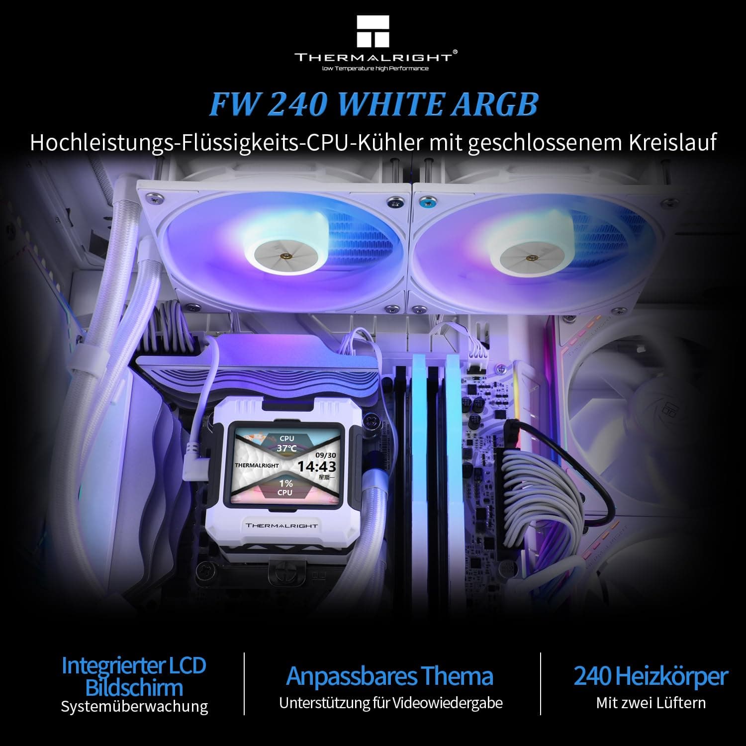 Thermalright FW 240 Weiß ARGB CPU-Wasserkühlung mit 2 PWM-Lüftern, IPS 320 * 240 Auflösung LCD-Bildschirm,240 AIO-Kühlung,flüssiger CPU-Kühler für Intel PC Aio-Kühler: AM4/AM5/LGA1700/1851 Bild 3
