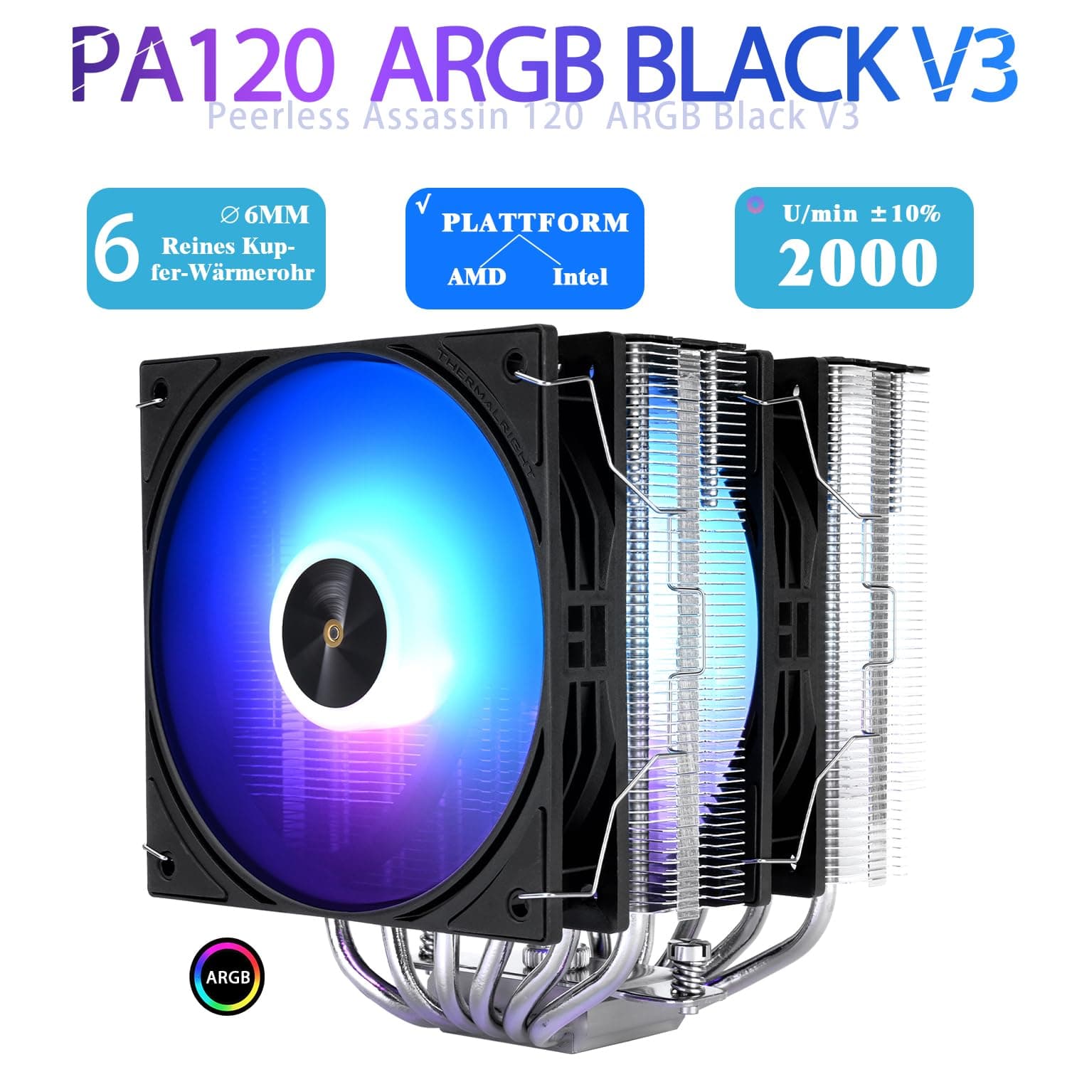 TR-Thermalright Peerless Assassin 120 ARGB Black V3 CPU-Kühler,Doppel-Tower mit 6 Heatpipes Kommt mit schwarzer Top-Abdeckung, zwei 120mm PWM-Lüftern-2000U/min, für AM5/AM4, LGA1851/1700/115x/1200 Bild 3