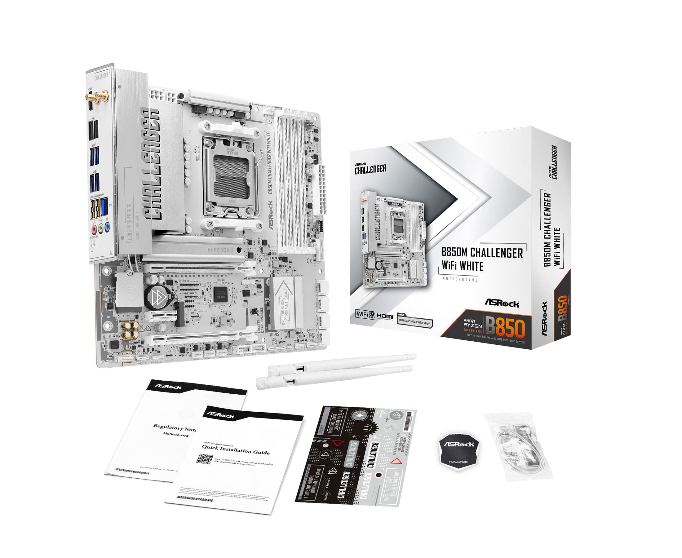 ASRock B850M Challenger WiFi White Socket AM5 Micro-ATX Mainboard Kompatibel mit AMD Ryzen Serie 9000/8000/7000, B850, DDR5 8000+(OC), PCIe 5.0, WiFi 7, LAN 2.5G, Lightning Gaming-Ports Bild 2