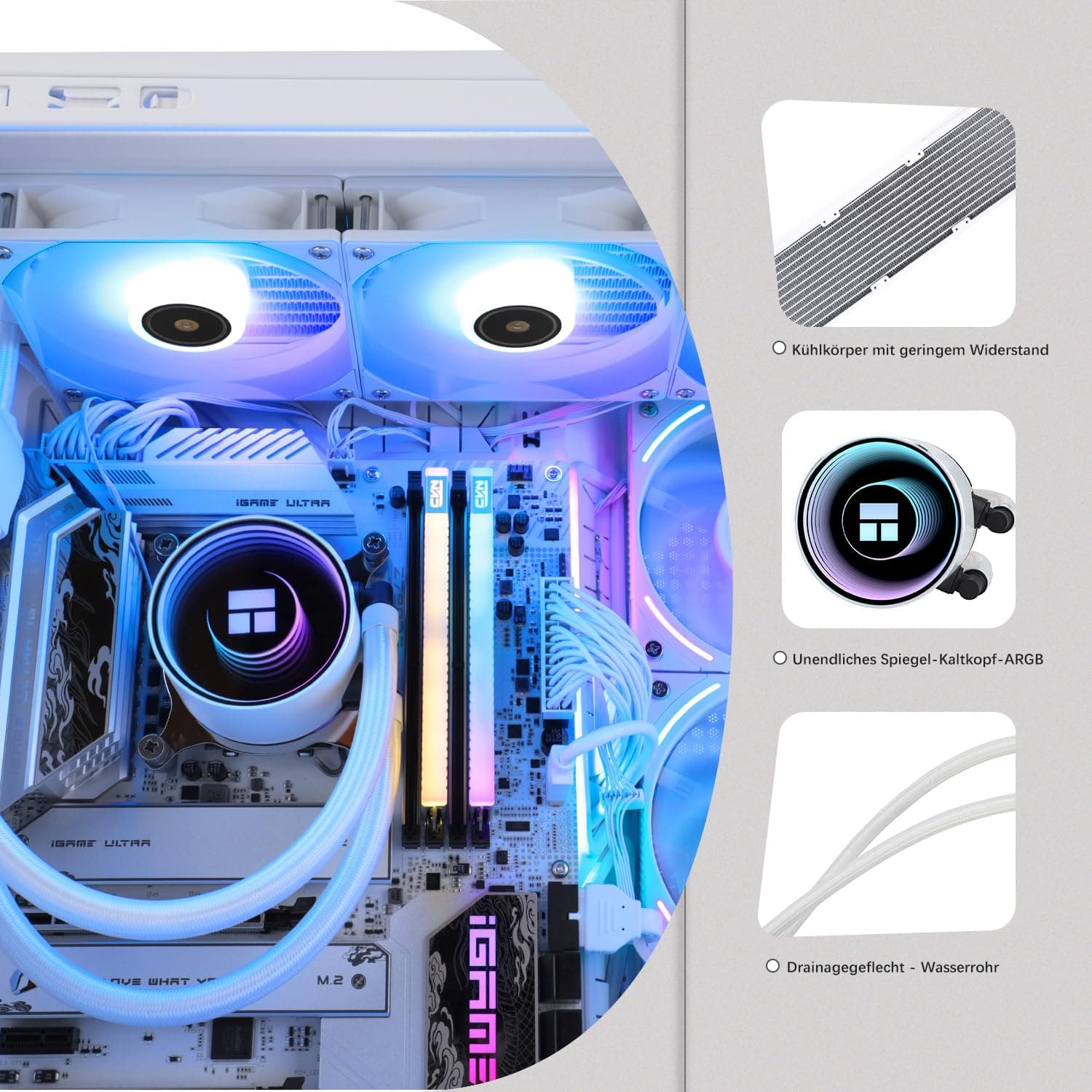 TR-Thermalright Frozen Notte 360 White ARGB V2 Flüssigkeits-CPU-Kühler-Unendlicher Spiegel-Lichteffekt,360mm Aio-Kühlung,3-PWM-Lüfter-2000U/min,für AM4/AM5,Intel LGA1851/1700/115x/1200/2011 360mm Weiß Bild 3