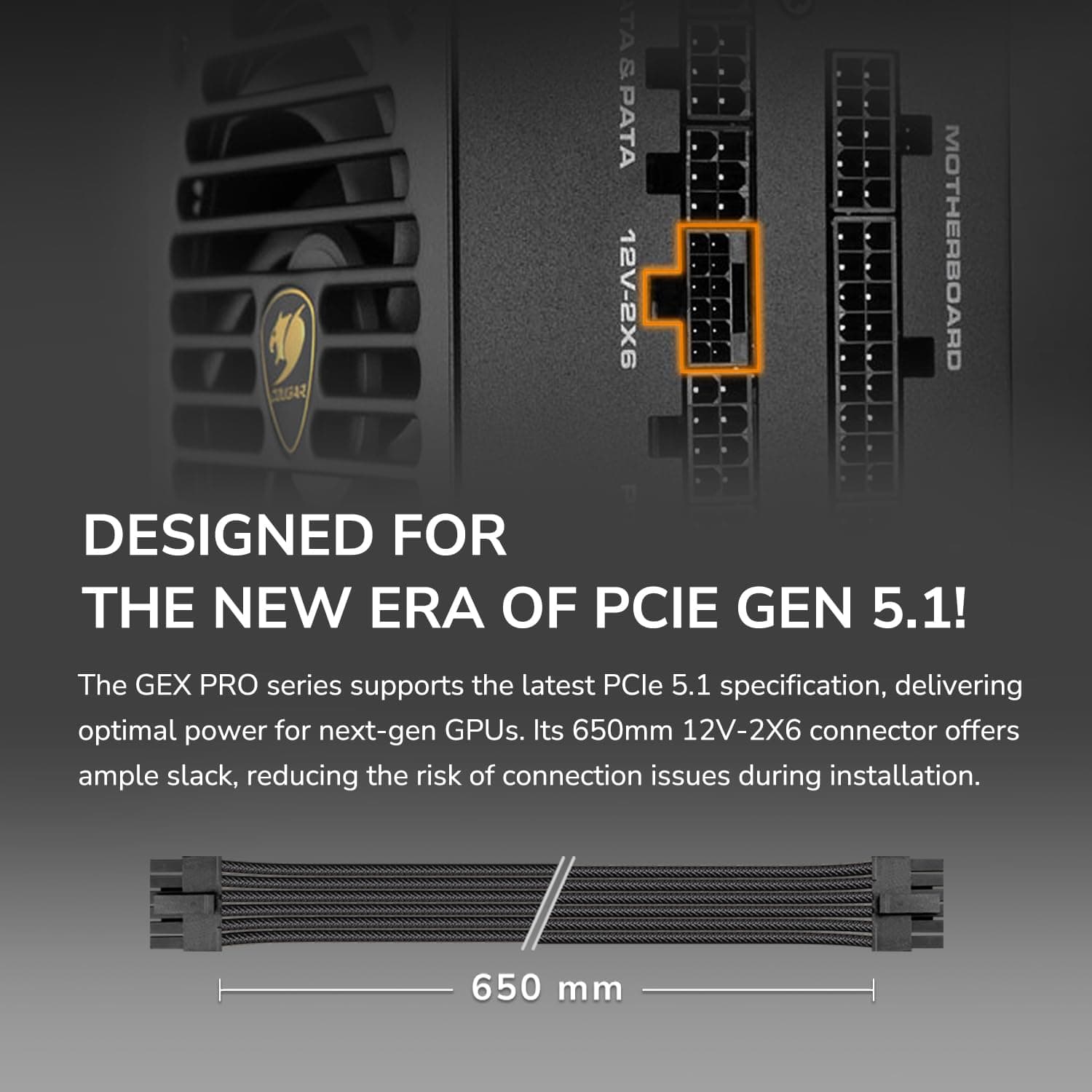 Cougar GEX PRO 750 Vollmodulares Netzteil: PCI Express 5.1, 12+4-poliger Stecker, 80 Plus Gold Zertifiziert, langlebiger HDB-Lüfter, hydrodynamisches Lager, ATX 3.1 Zertifiziert, weniger Lärm Bild 7