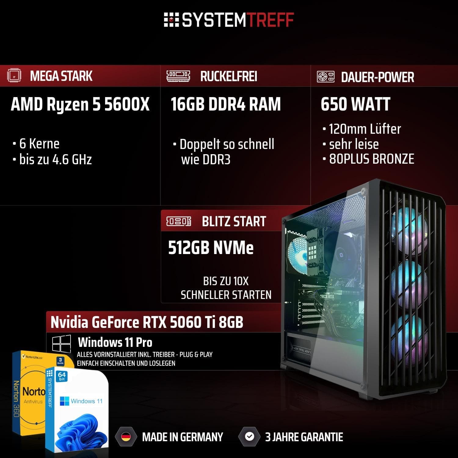 SYSTEMTREFF Gaming PC AMD Ryzen 5 5600X 6x4.6GHz | Nvidia RTX 5060 Ti 8GB DX12 | 512GB M.2 NVMe | 16GB DDR4 RAM | Windows 11 | WLAN Desktop Computer Rechner für Gamer, Zocker & Streamer Bild 2