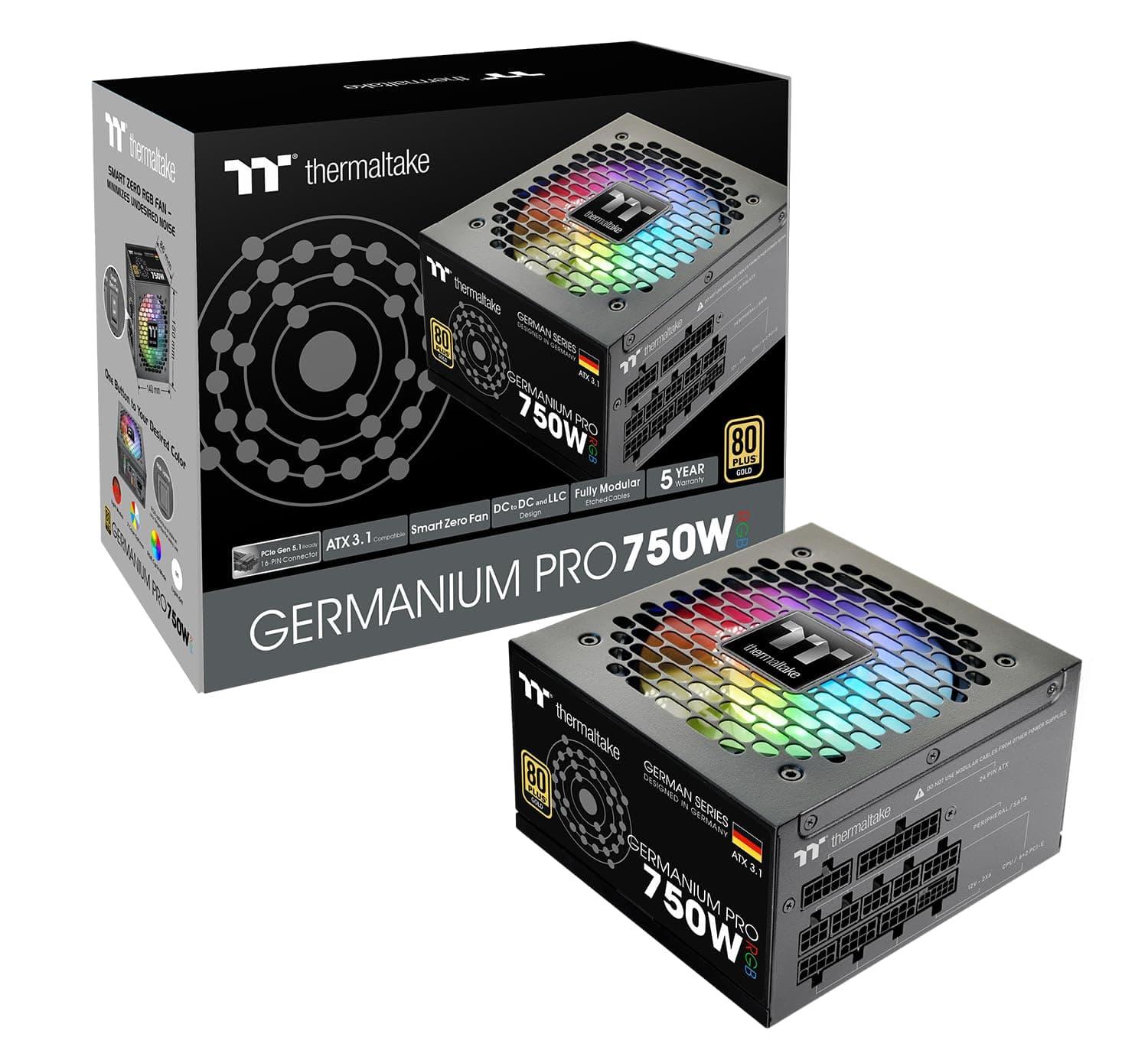Thermaltake Germanium Pro RGB 750W Netzteil | ATX 3.1 | 80 Plus Gold | vollmodular | PCIe 5.1 12V-2x6 (12+4) | ARGB Lüfter 7 Farben | Smart Zero Fan | 5 Jahre Garantie 750 Watt Bild 2