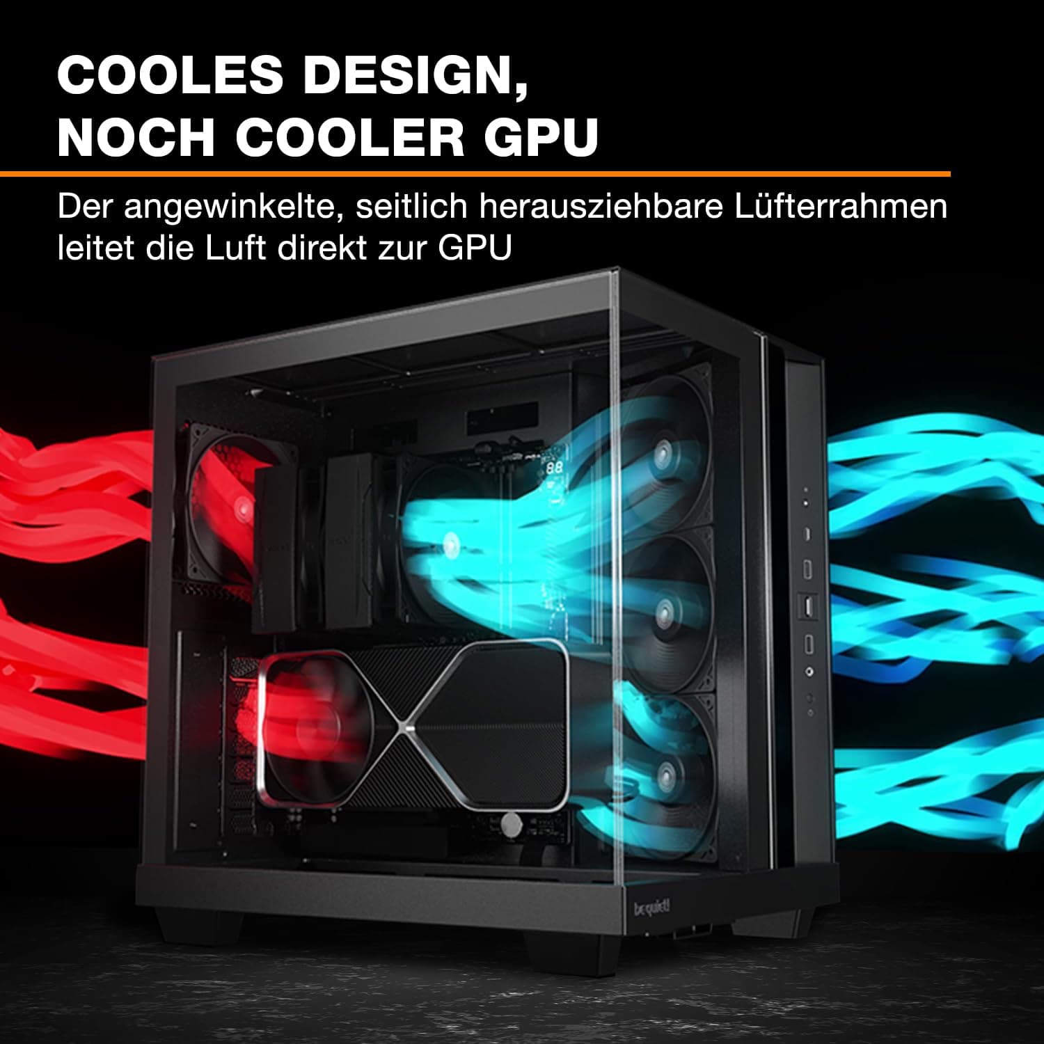 be quiet! Light Base 500 Black PC-Gehäuse, vollständig verglaste Front und Seitenfenster, Show Case, Dual Chamber Design, 4 Pure Wings 3 PWM-Lüfter, kein RGB, Anschlussdesign auf der Rückseite Bild 3