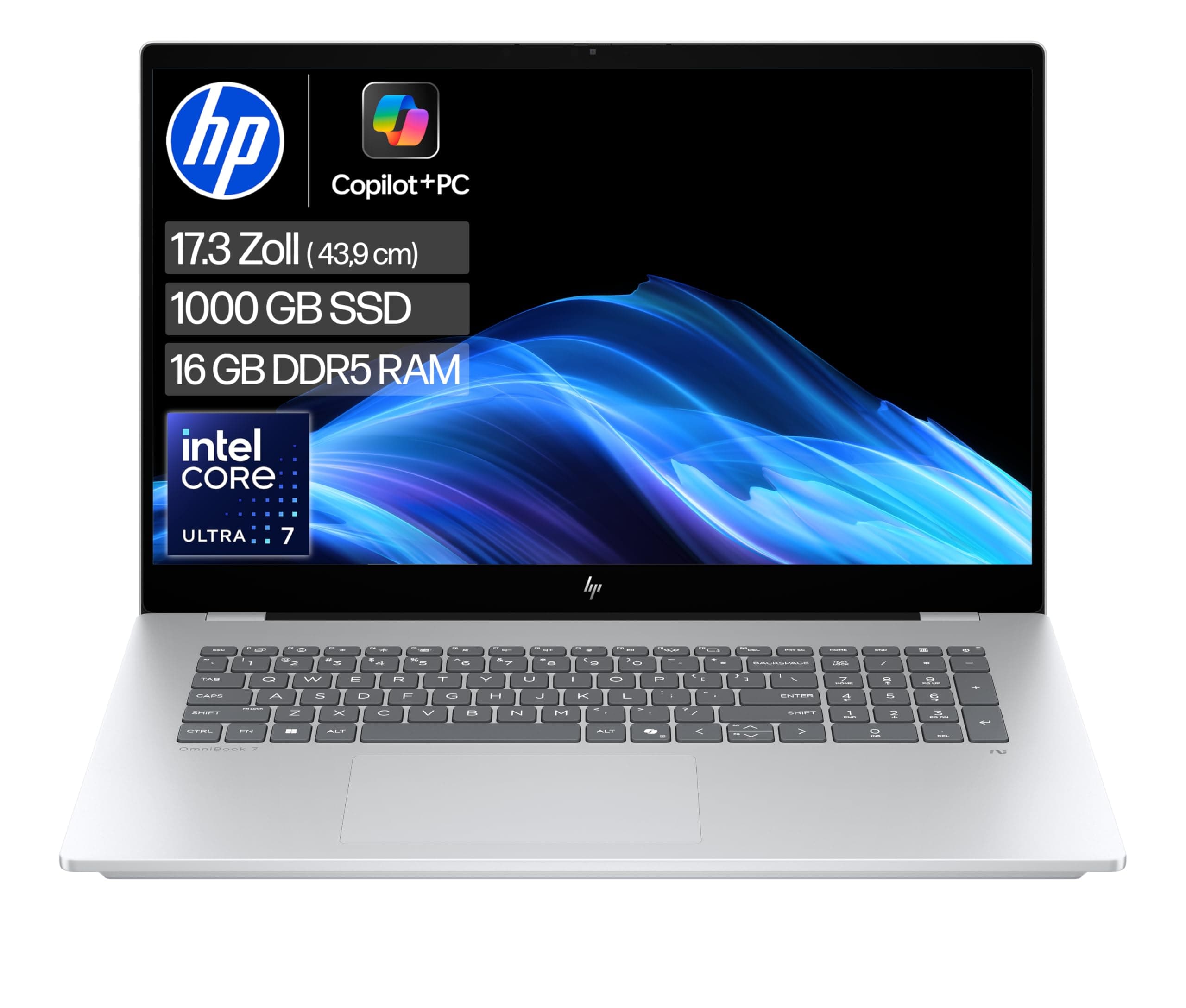 HP OmniBook 7 Laptop (17.3 Zoll FHD-Touchscreen, Intel Core Ultra 7, Copilot+, 16GB RAM, 1TB, Win11, QWERTZ) - Silber Intel Core Ultra 7 256V 17,3 Zoll FHD Touchscreen
