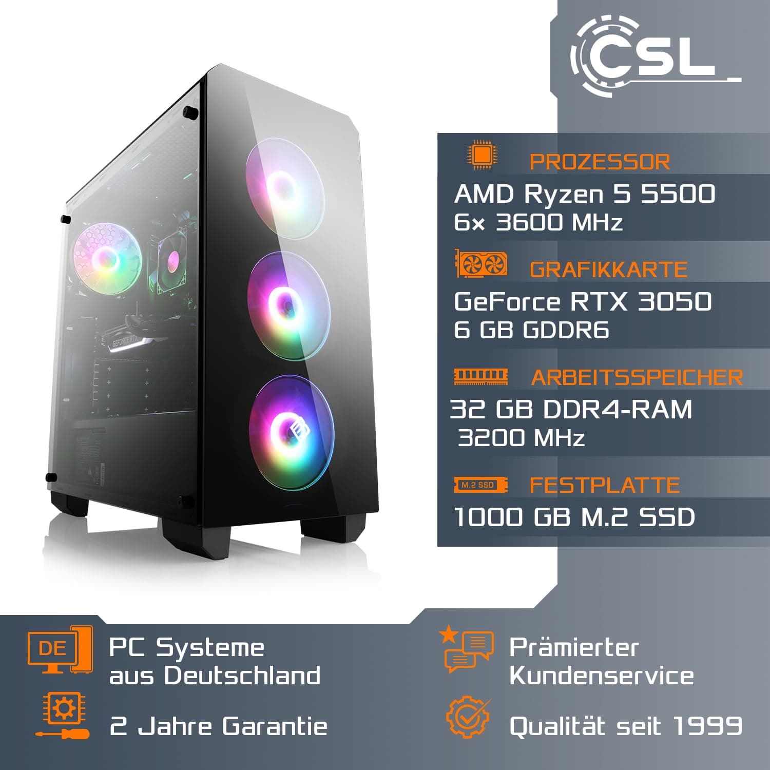 Basic Gaming PC mit Windows 11 Home | AMD Ryzen 5 5500 6x3.6GHz | GeForce RTX 3050 | 1000GB M.2 NVMe | 32GB DDR4 RAM | 27" TFT | WLAN, Computer für Zocker, Gamer Desktop Rechner zum Spielen | A10090 Bild 2