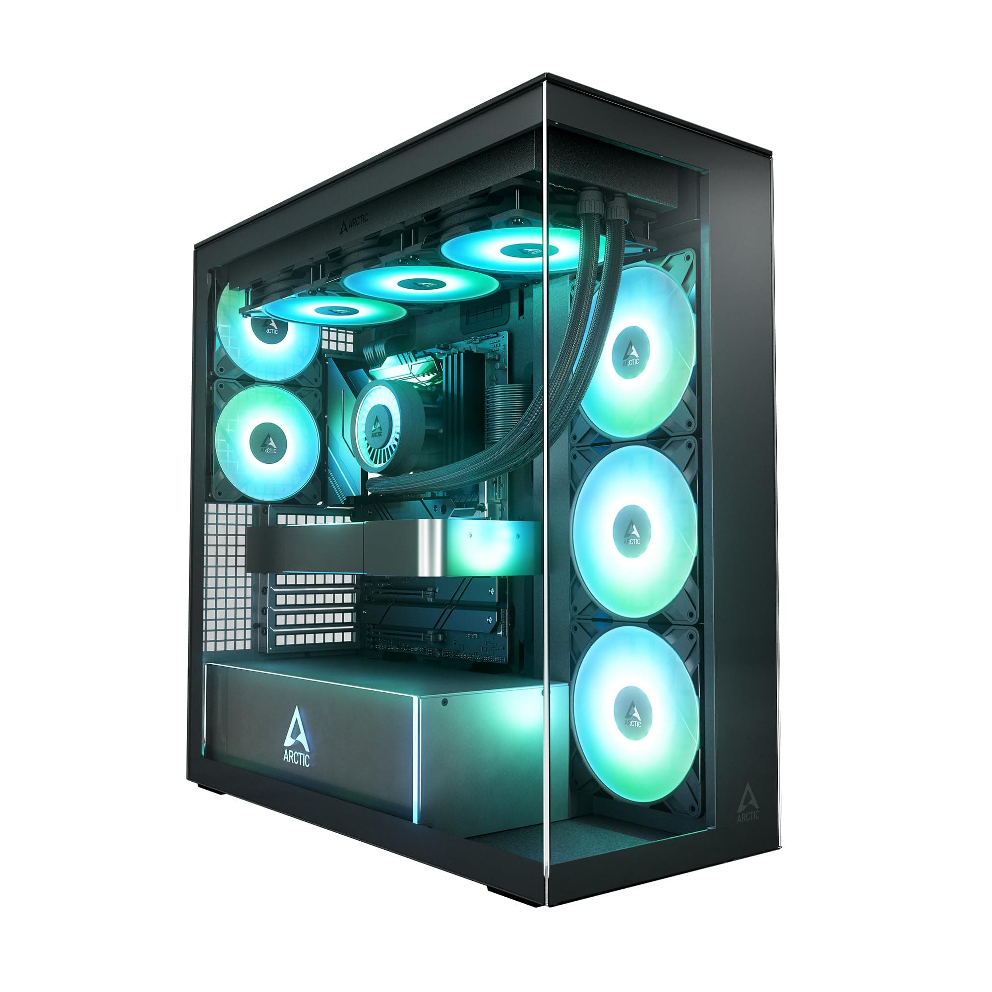ARCTIC Xtender Black (Clear Glass) - PC-Gehäuse, Gehärtetes Panorama-Glas, 2X 420 mm Radiator Support, Full Tower, Big Tower, E-ATX, 5X A-RGB Lüfter vormontiert - Schwarz black clear